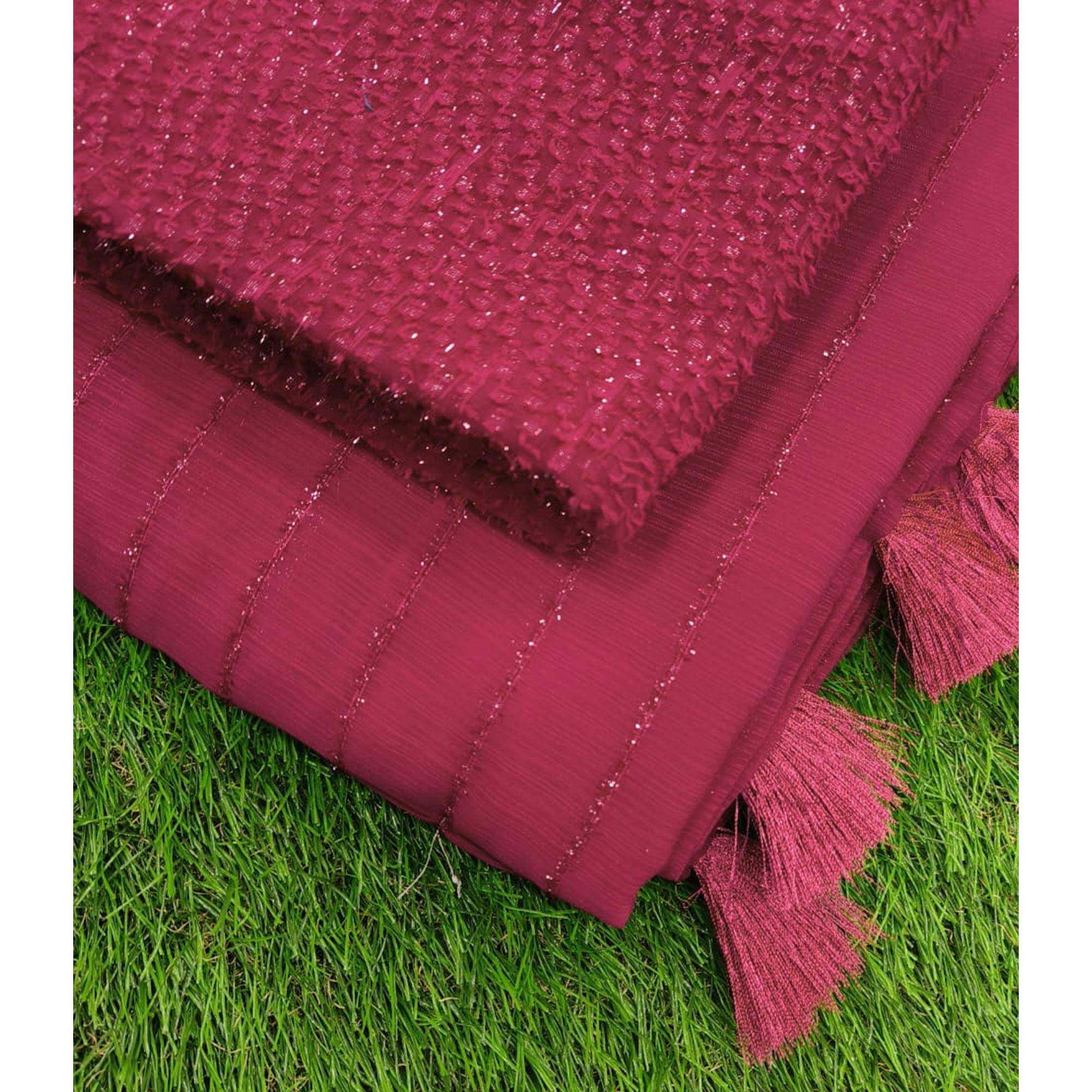 Rani Pink Woven Chiffon Saree with Tassels