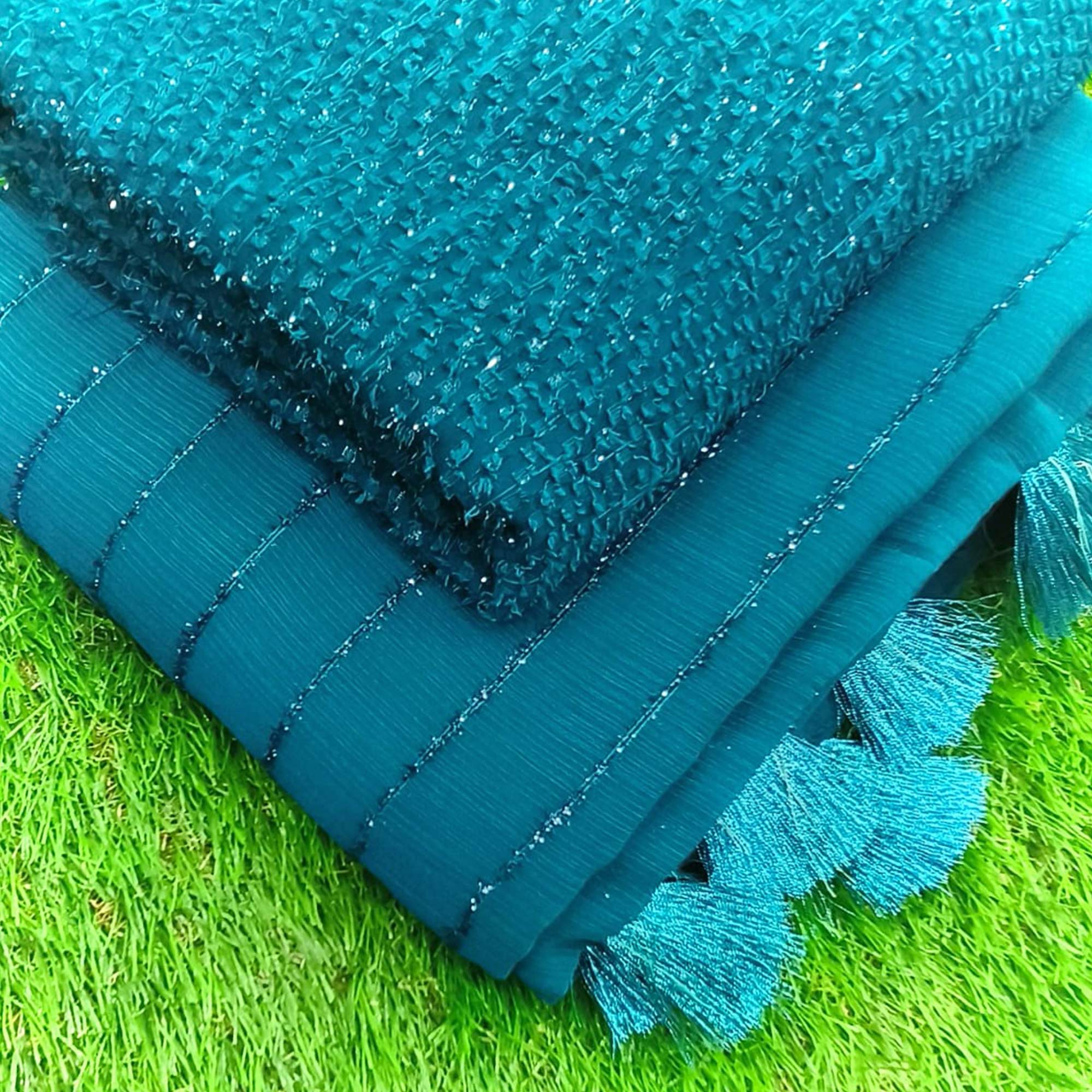 Teal Woven Chiffon Saree with Tassels