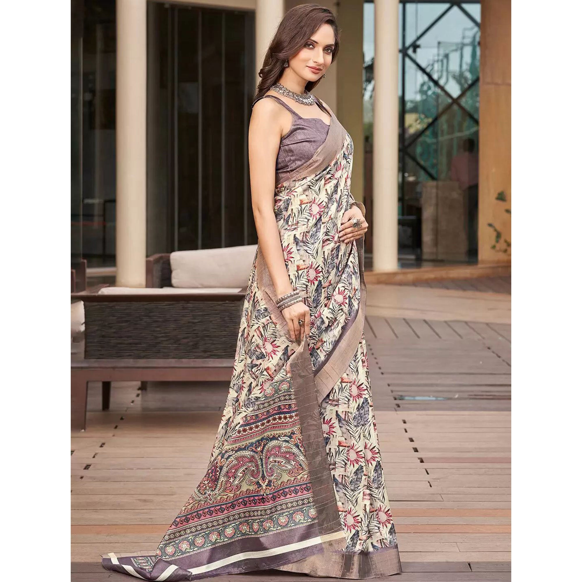 Beige Floral Digital Printed Tussar Silk Saree