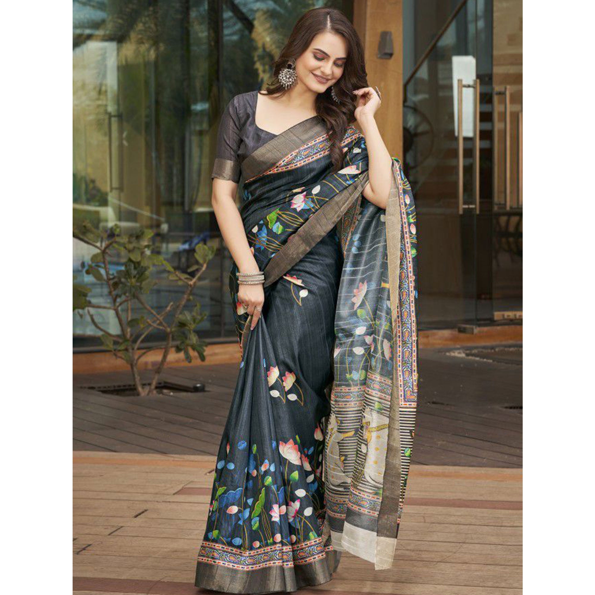 Black Floral Digital Printed Tussar Silk Saree