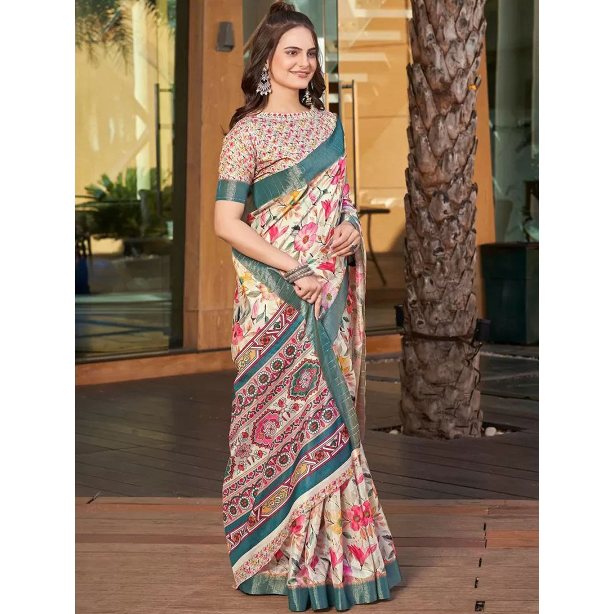 Cream Floral Digital Printed Tussar Silk Saree