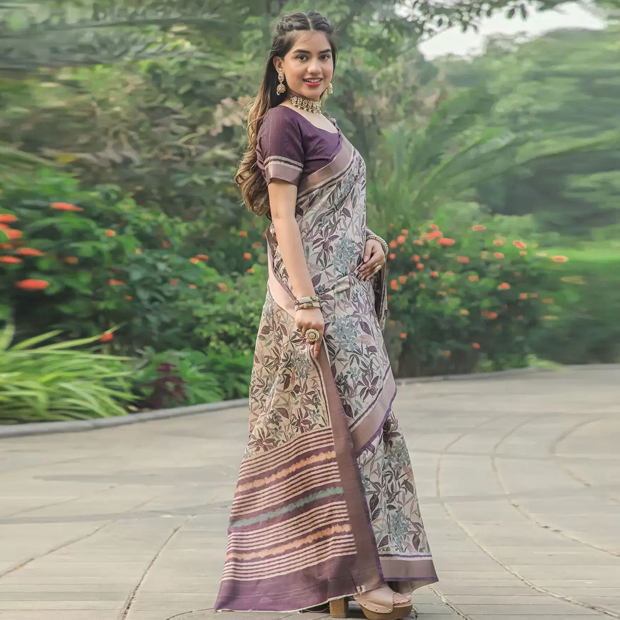 Dusty Brown Floral Digital Printed Tussar Silk Saree