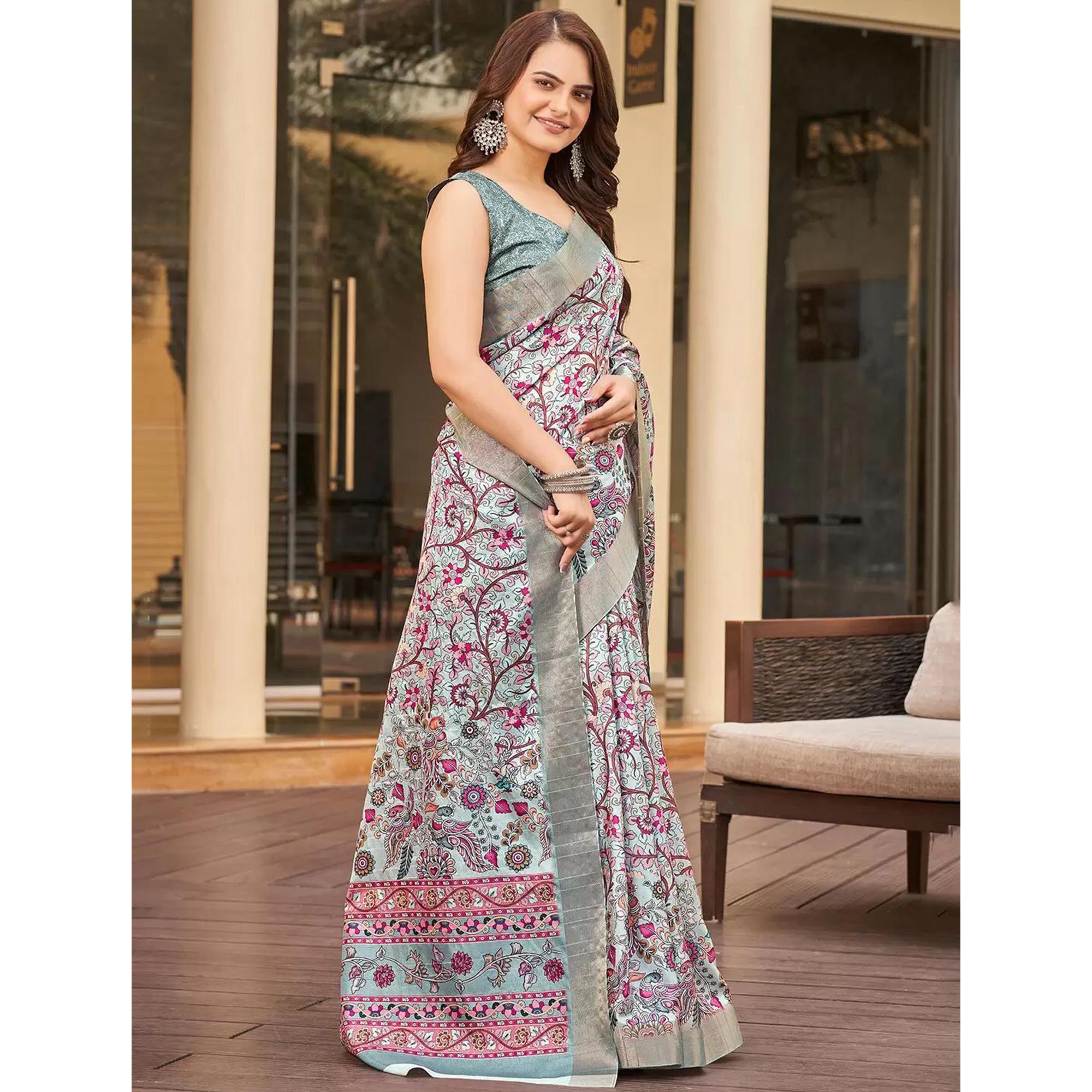 Grey Floral Digital Printed Tussar Silk Saree