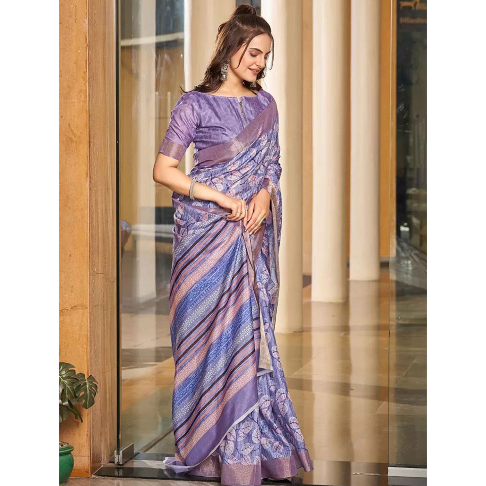 Lavender Floral Digital Printed Tussar Silk Saree