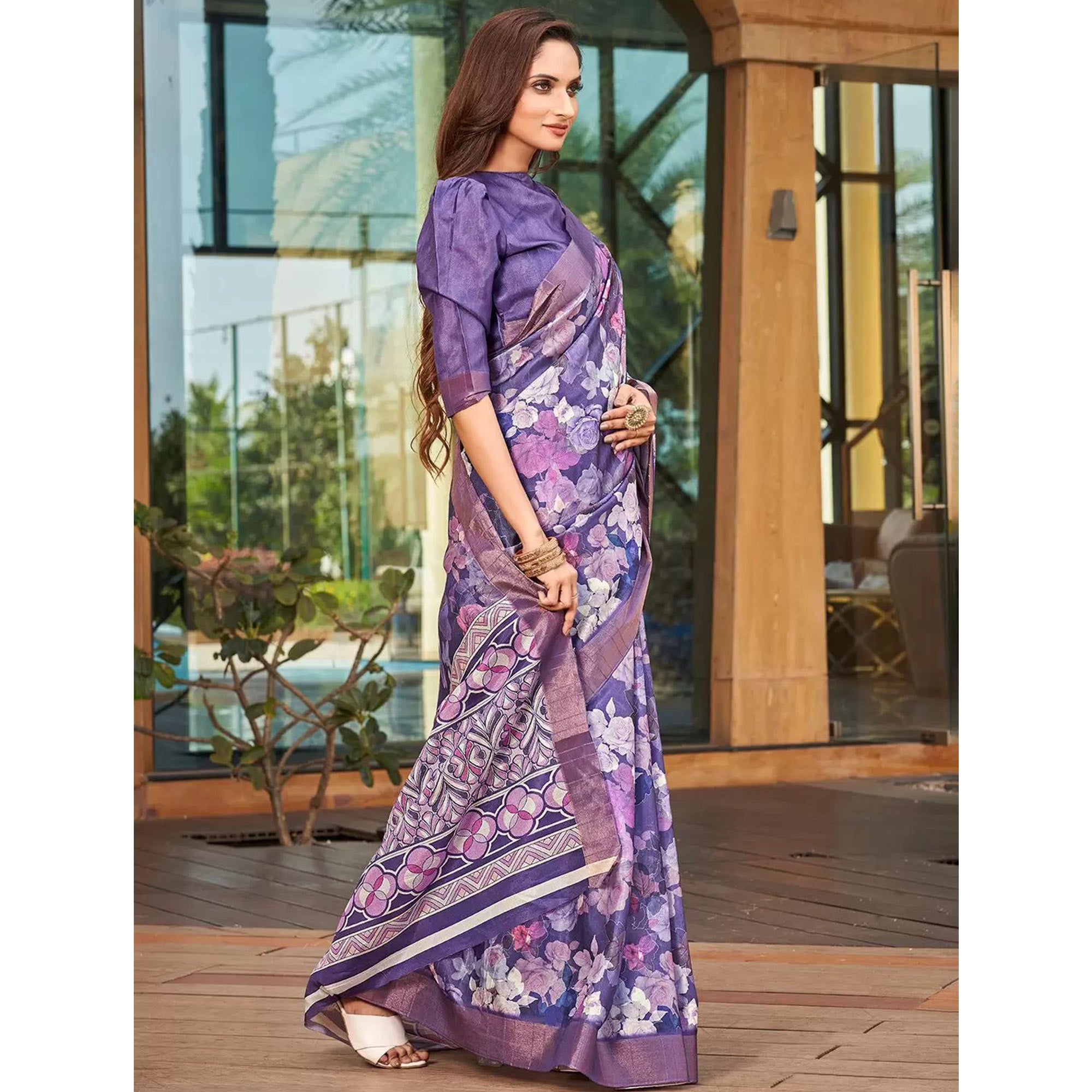 Purple Floral Digital Printed Tussar Silk Saree