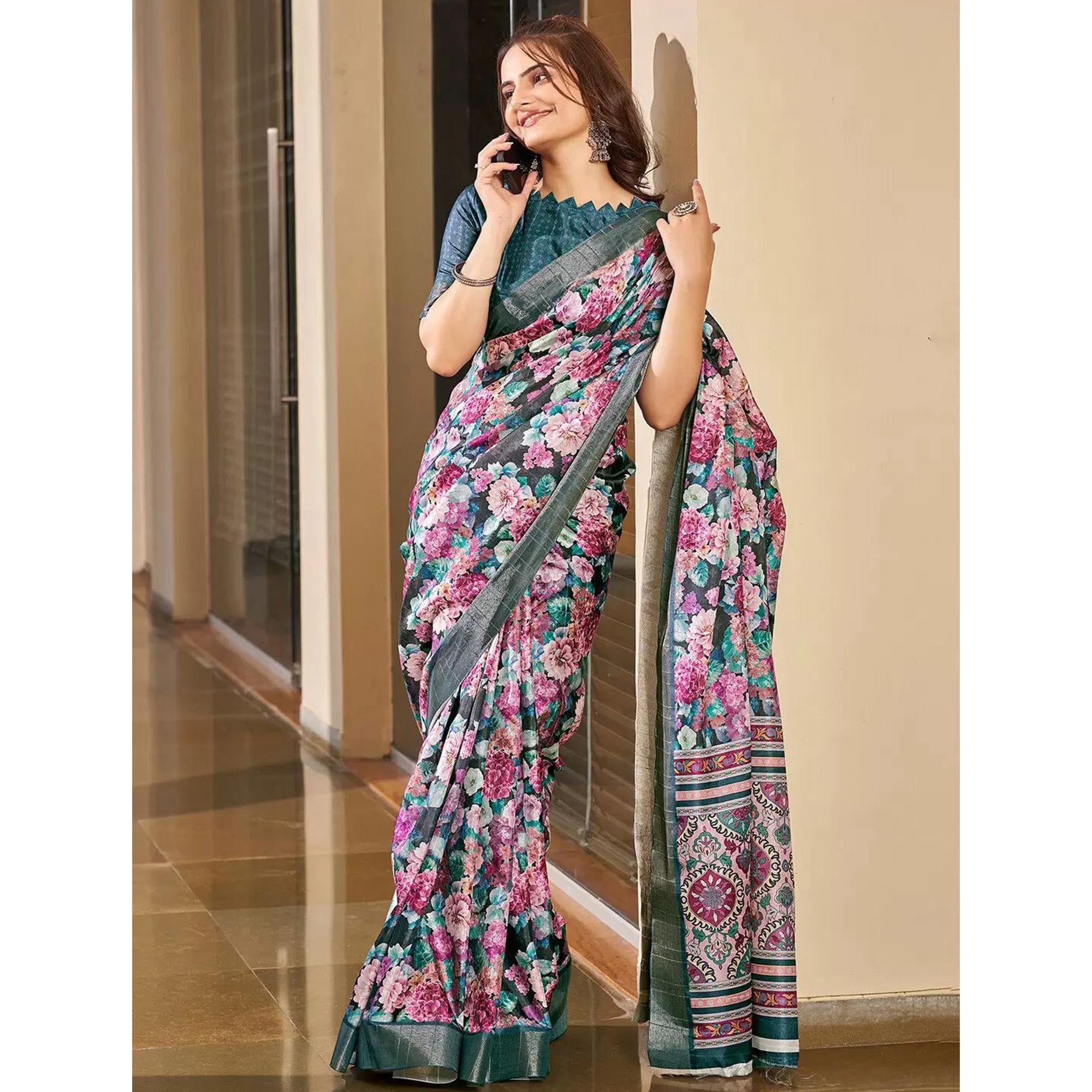 Teal Floral Digital Printed Tussar Silk Saree