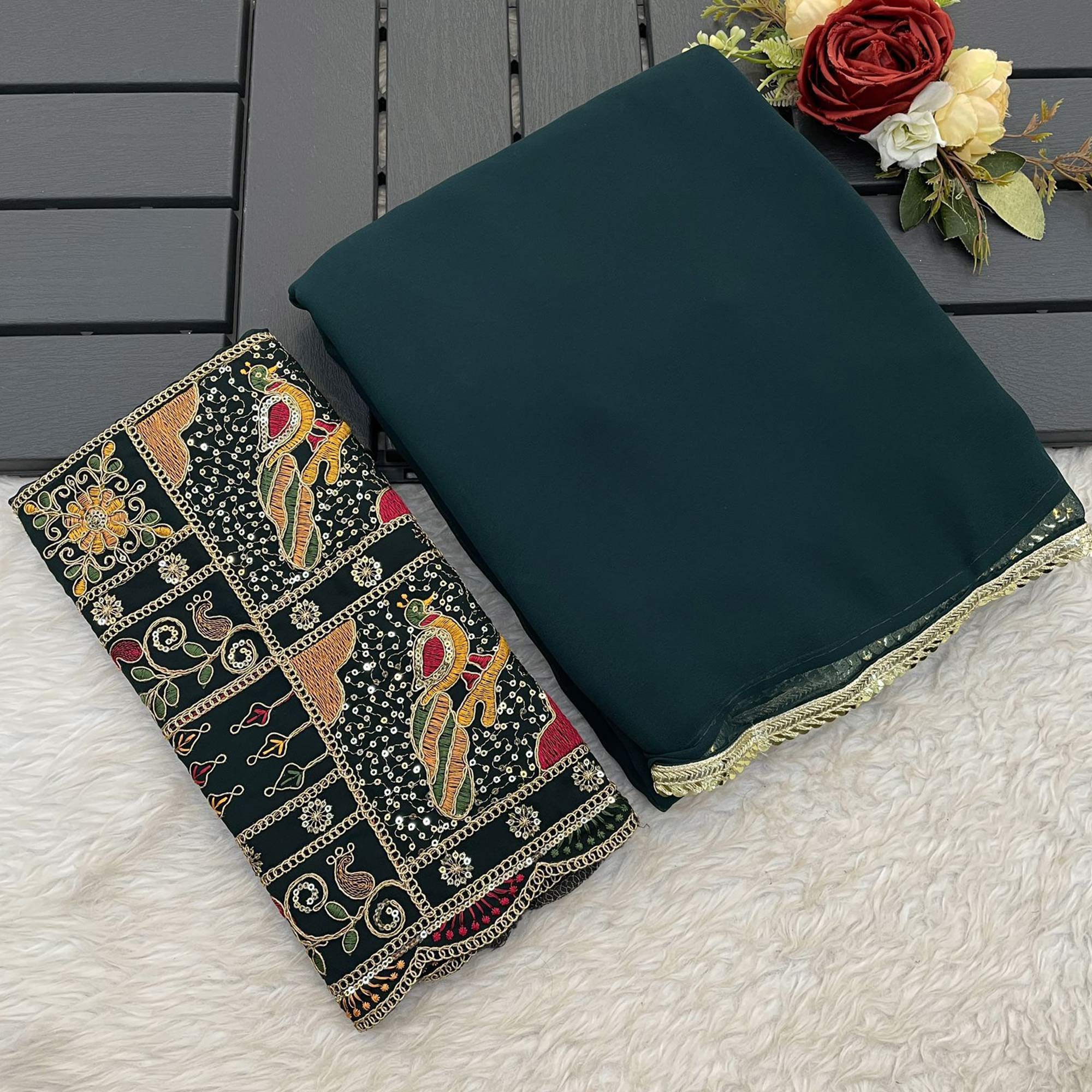 Pine Green Solid Georgette Saree With Sequins Embroidered Border