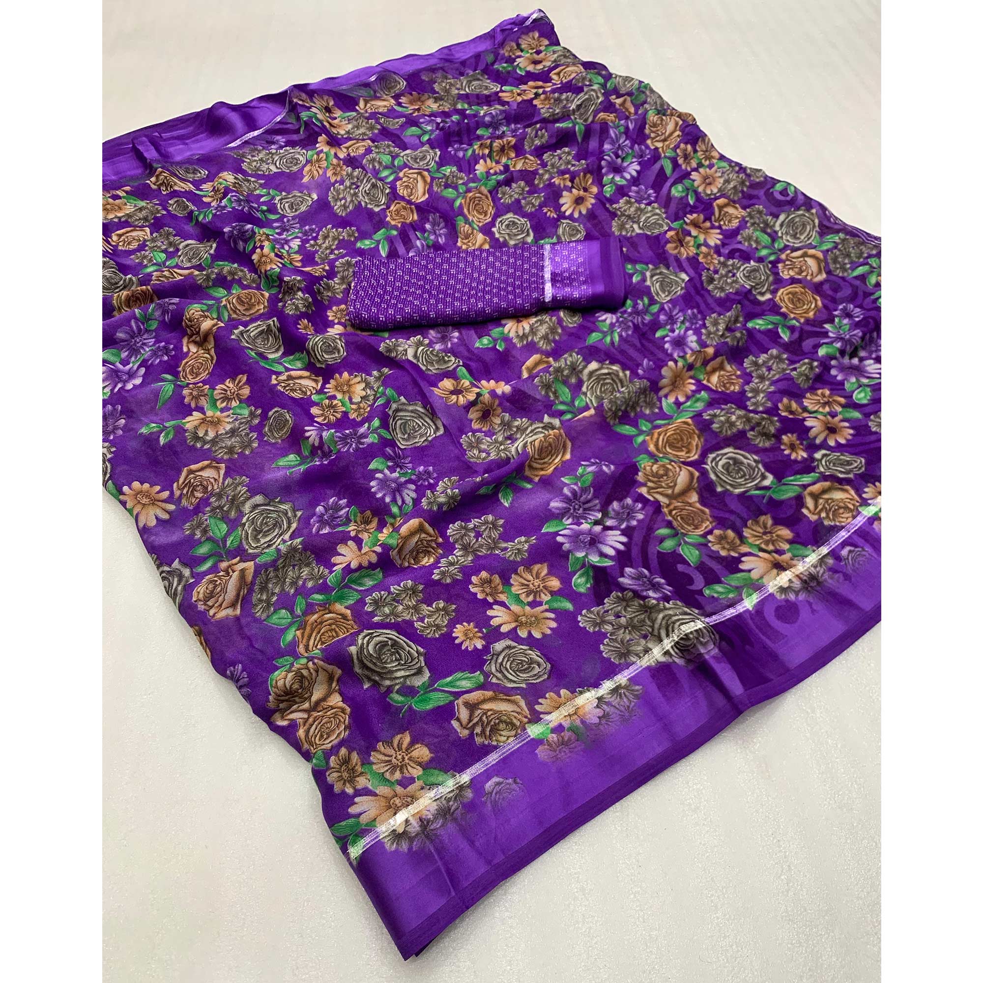 Violet Floral Printed Georgette Saree With Zari Border