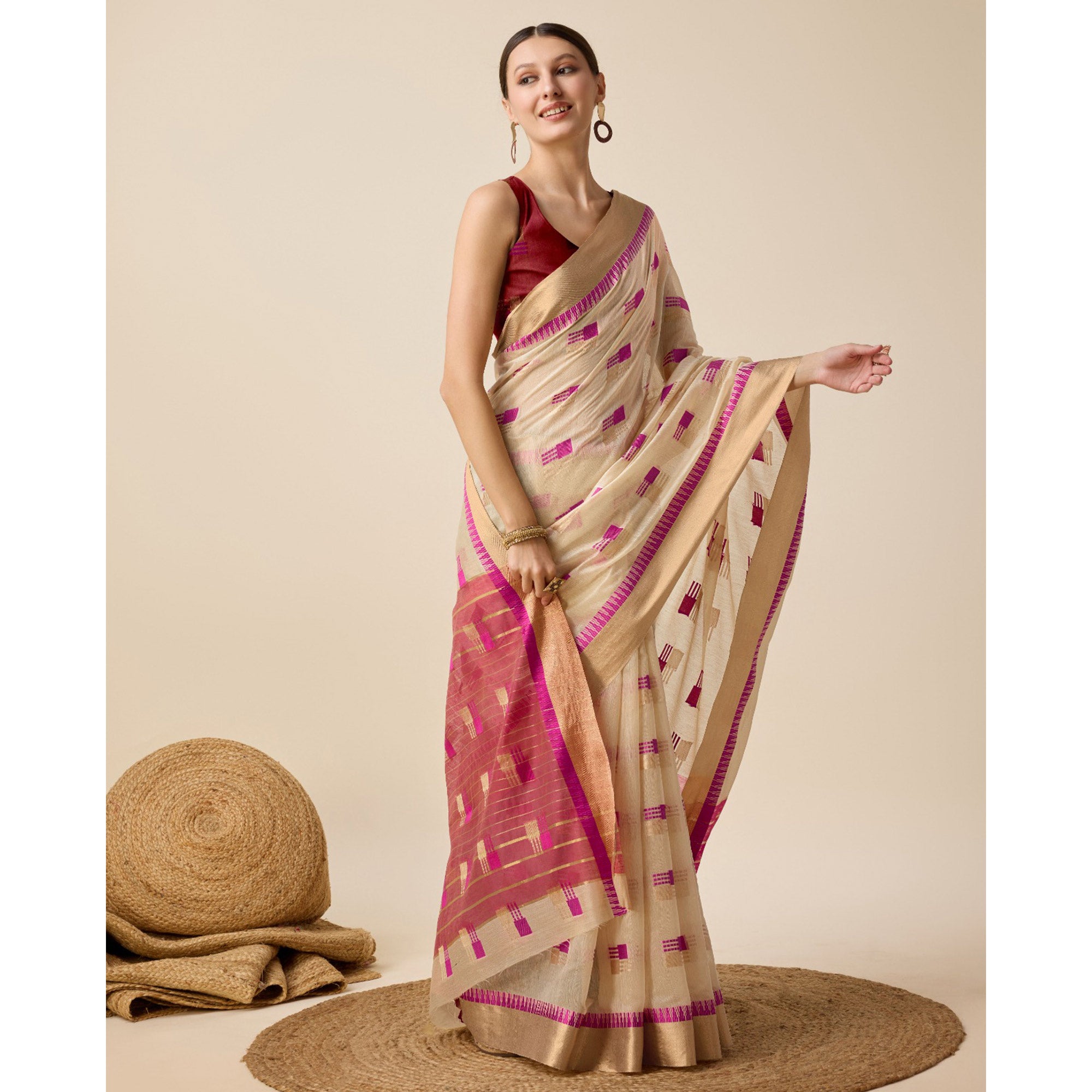 Beige Zari Woven Cotton Silk Saree