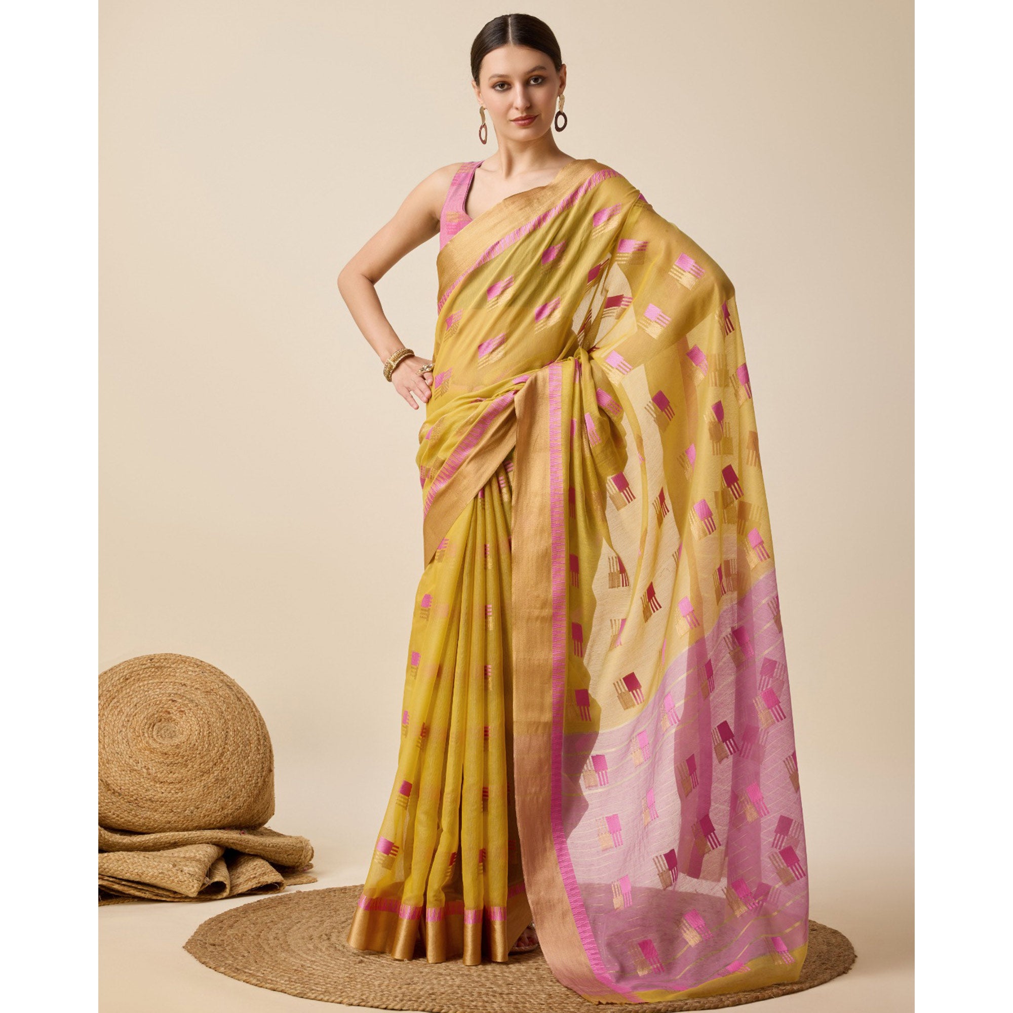 Mustard Zari Woven Cotton Silk Saree