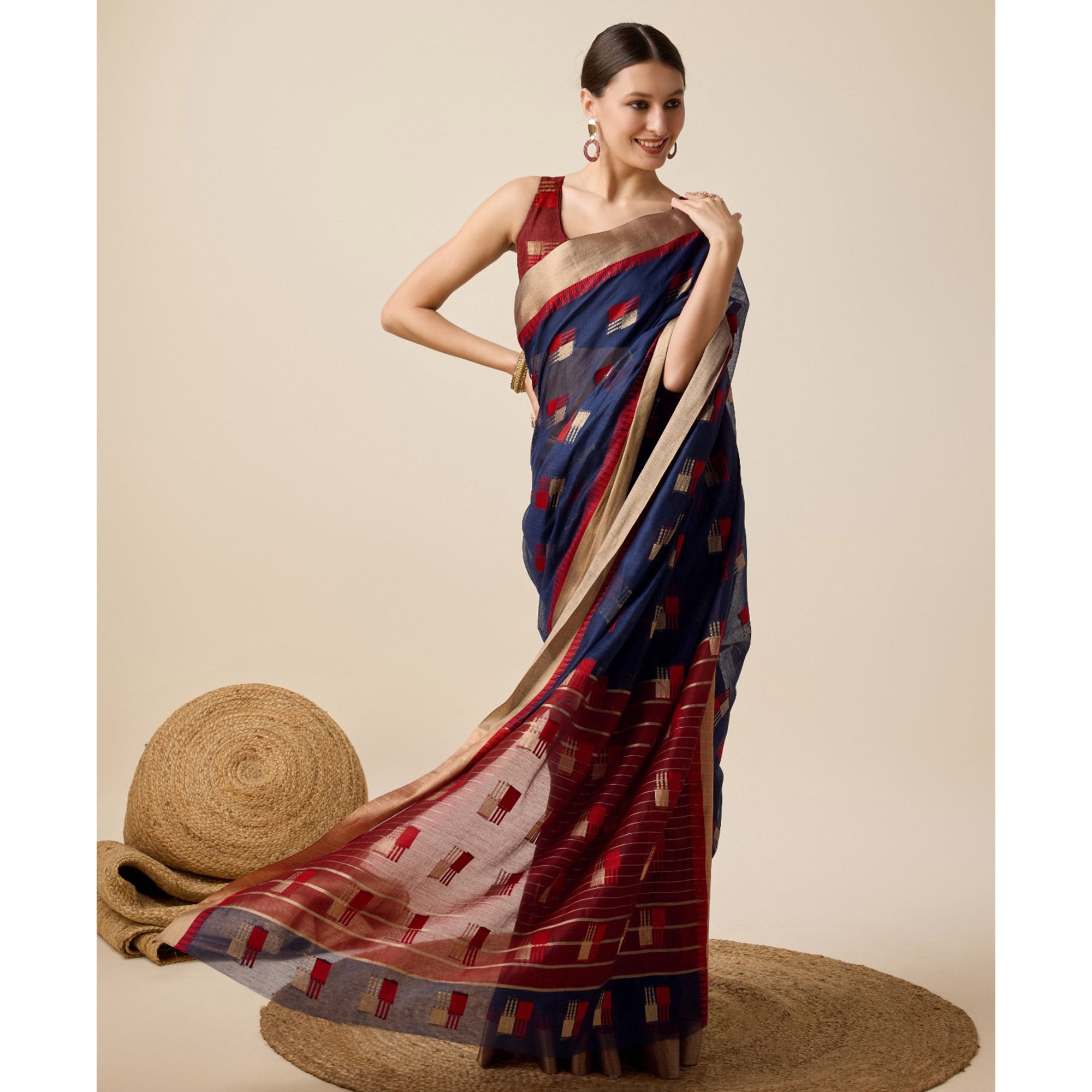 Navy Blue Zari Woven Cotton Silk Saree