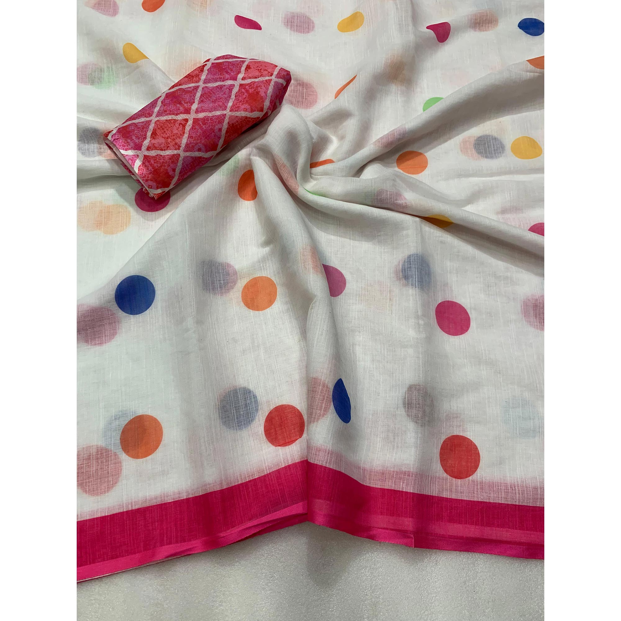 White Polka Dot Printed Linen Saree