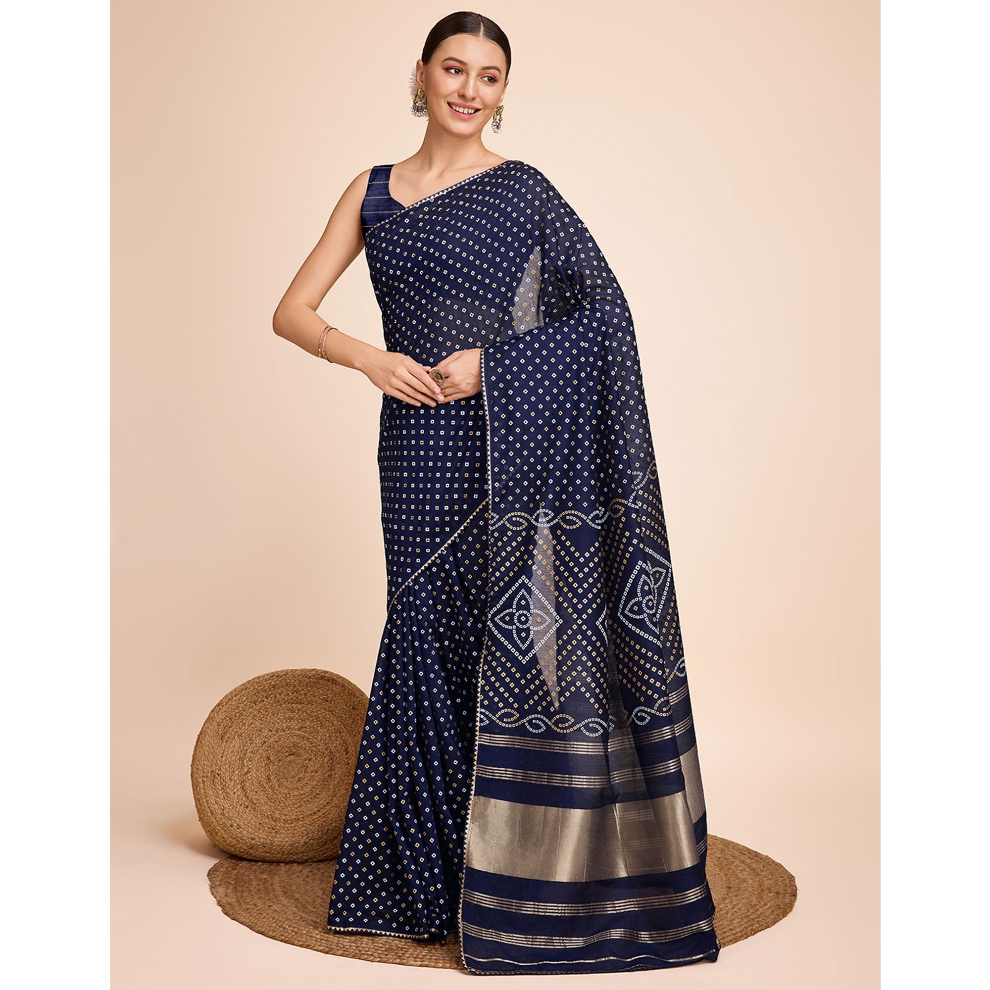 Blue Bandhani Printed Cotton Silk Saree