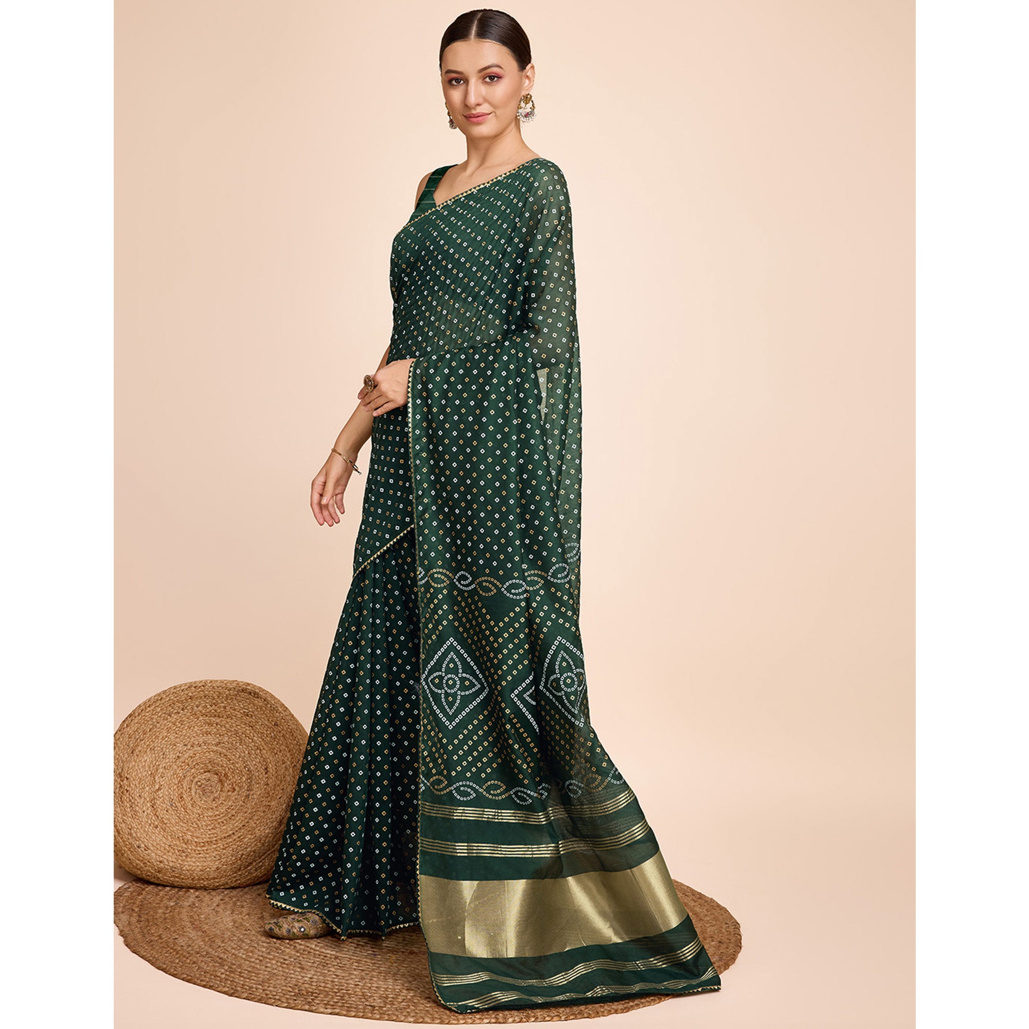 Green Bandhani Printed Cotton Silk Saree