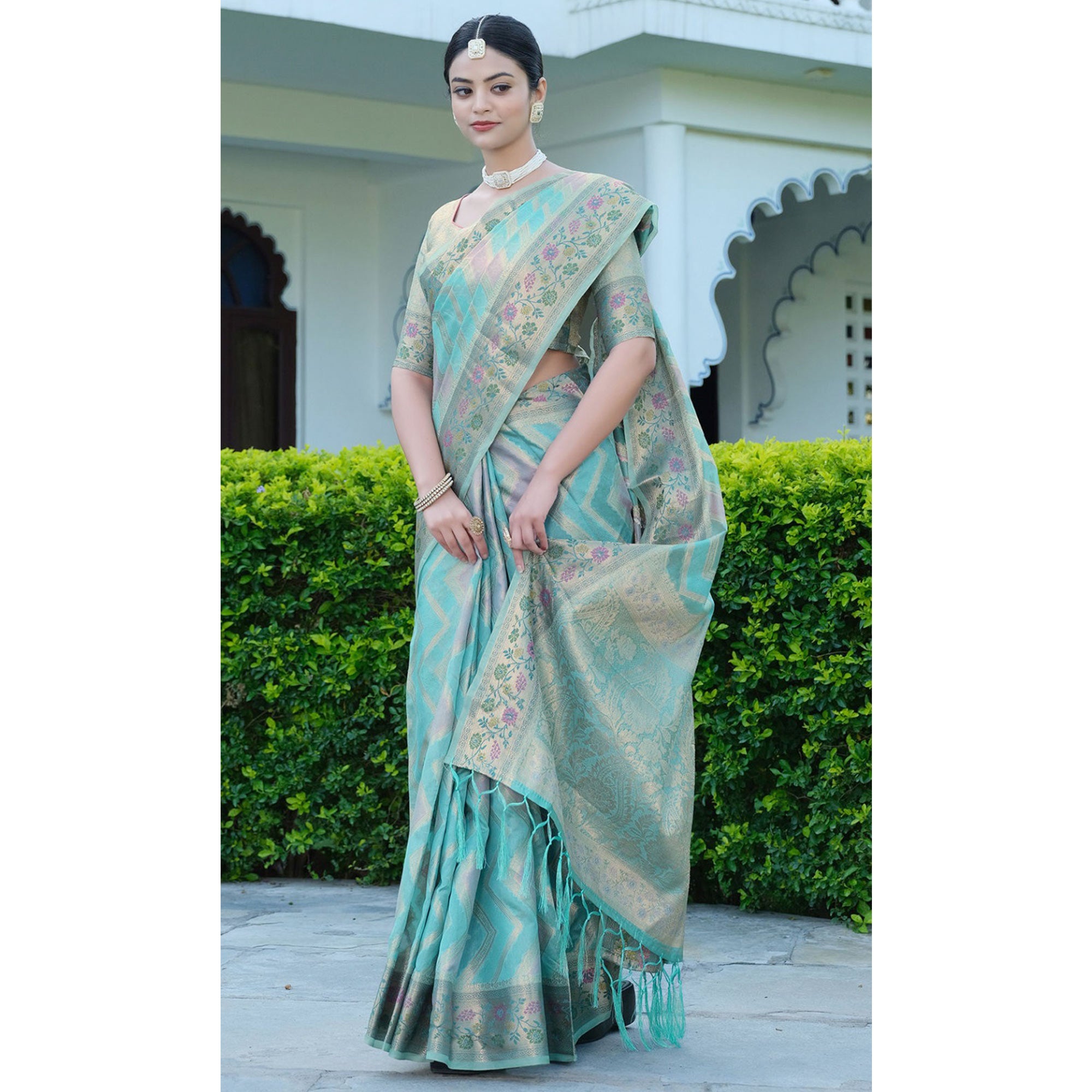 Blue Woven Organza Saree With Tassels