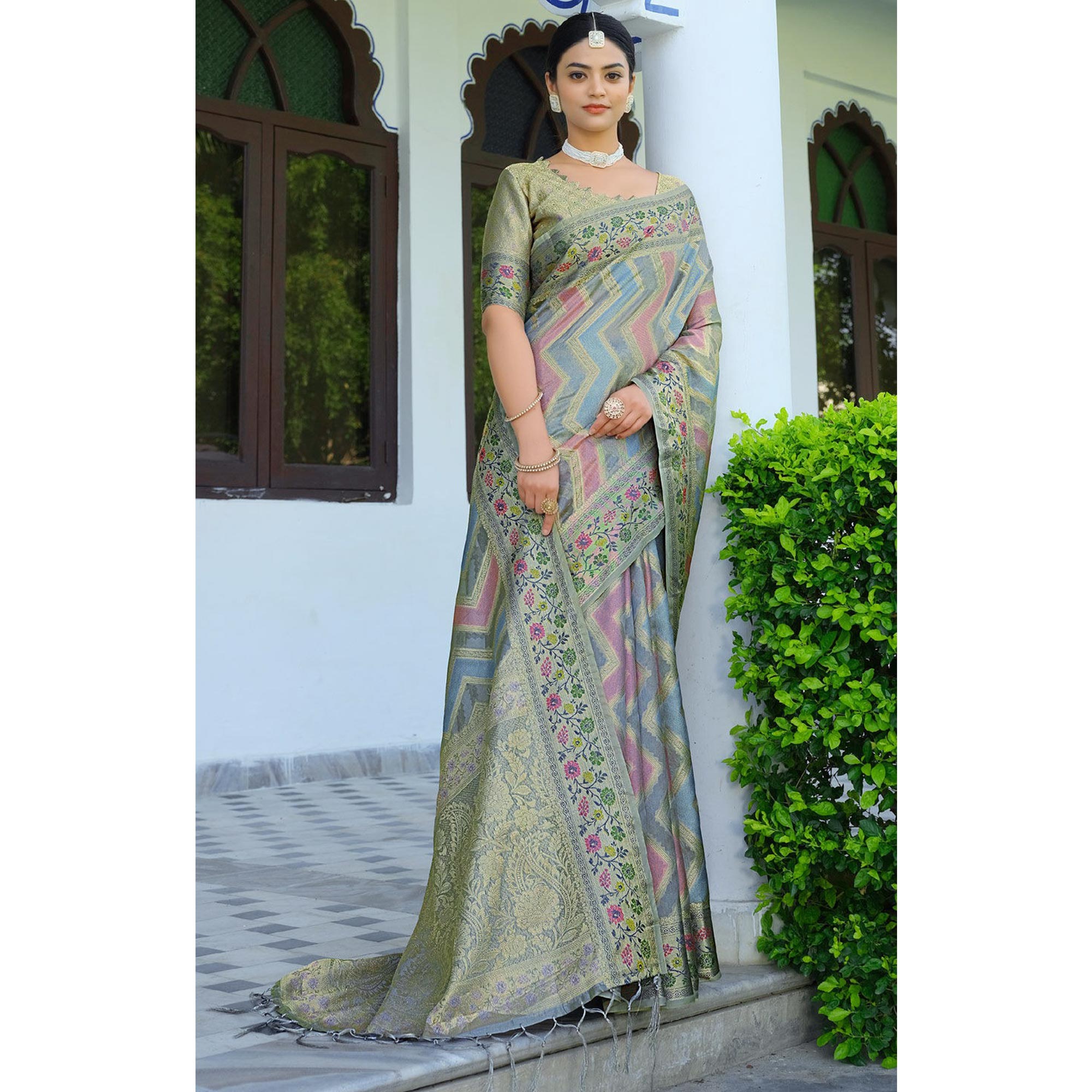 Grey Woven Organza Saree With Tassels