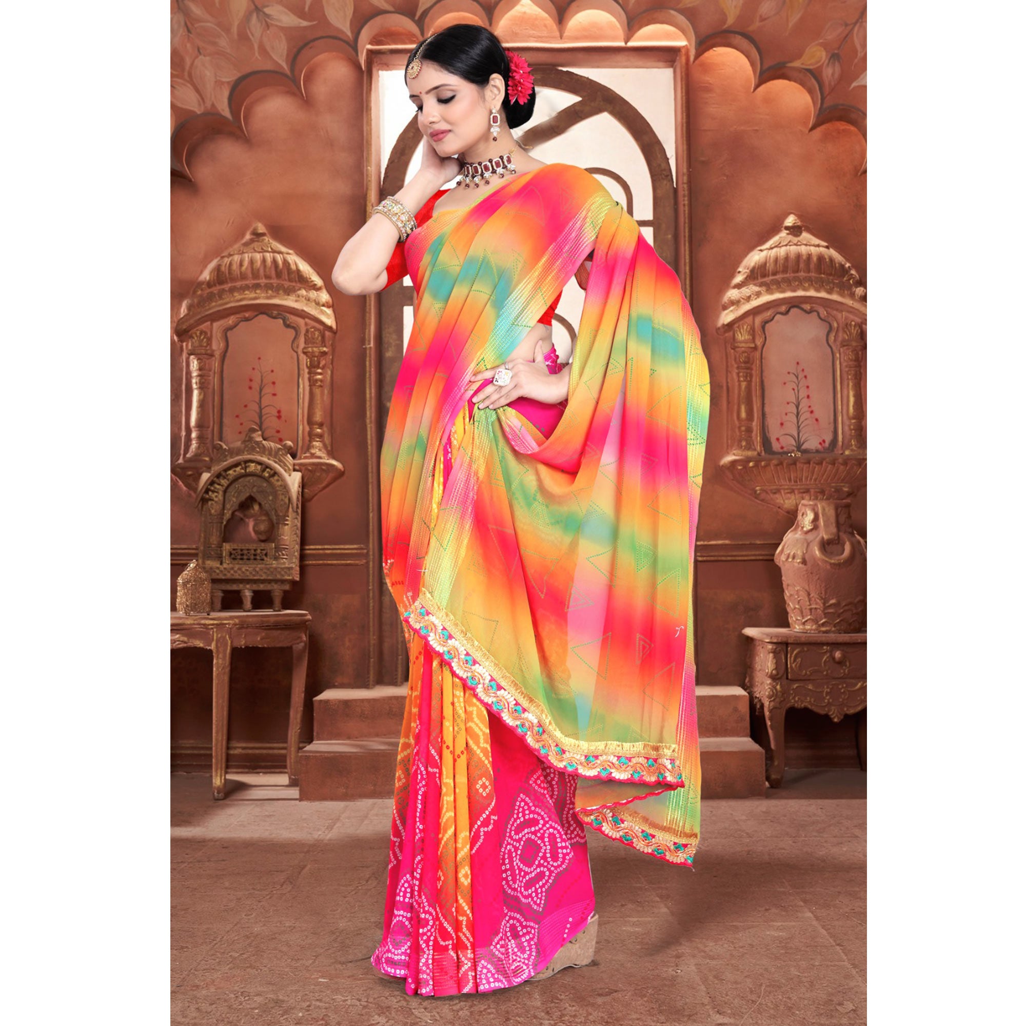 Yellow & Pink Bandhani Printed Georgette Saree With Zari Border