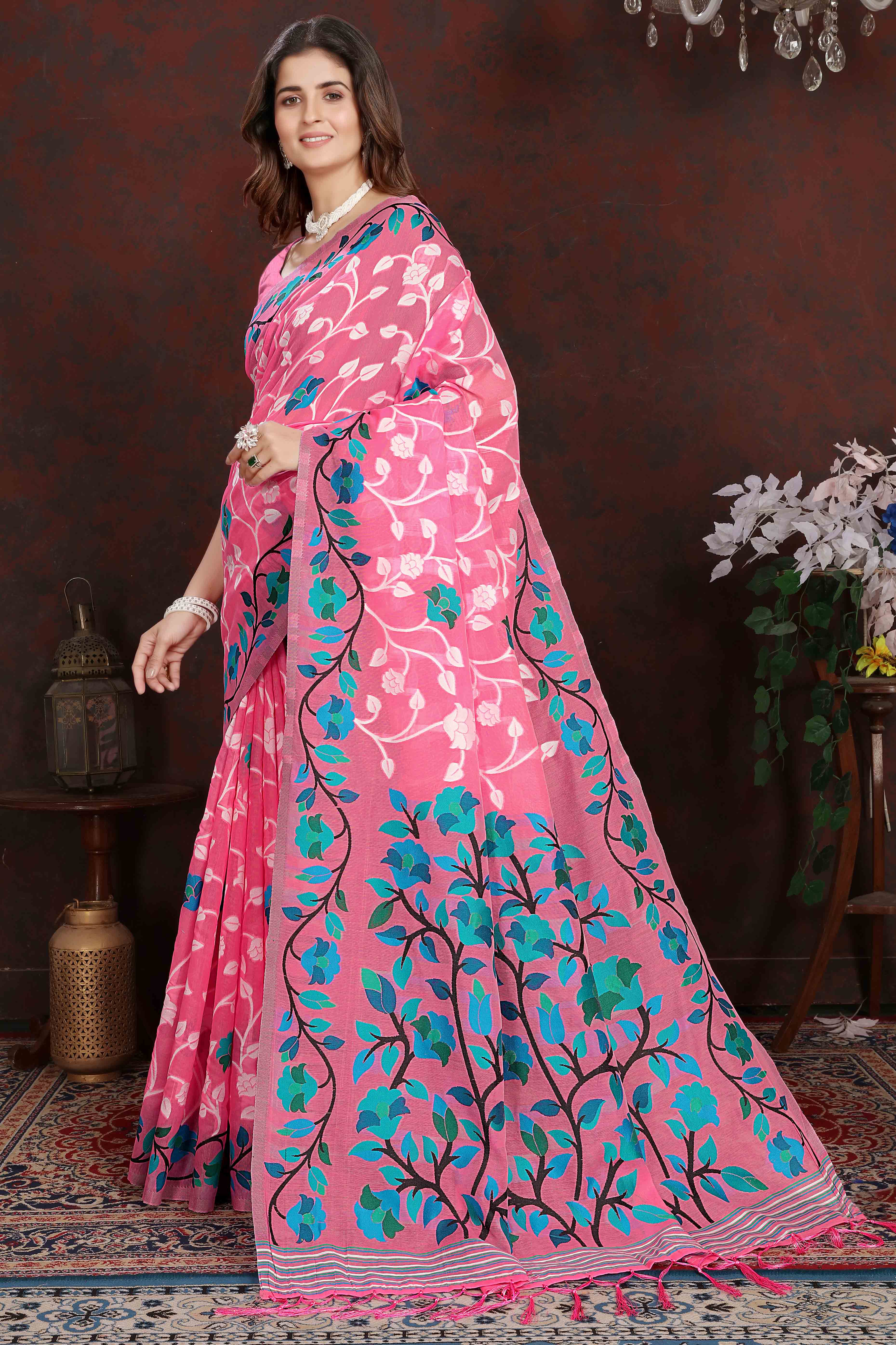 Pink Floral Woven Cotton Jacquard Jamdani Saree With A Graceful Tassel Border
