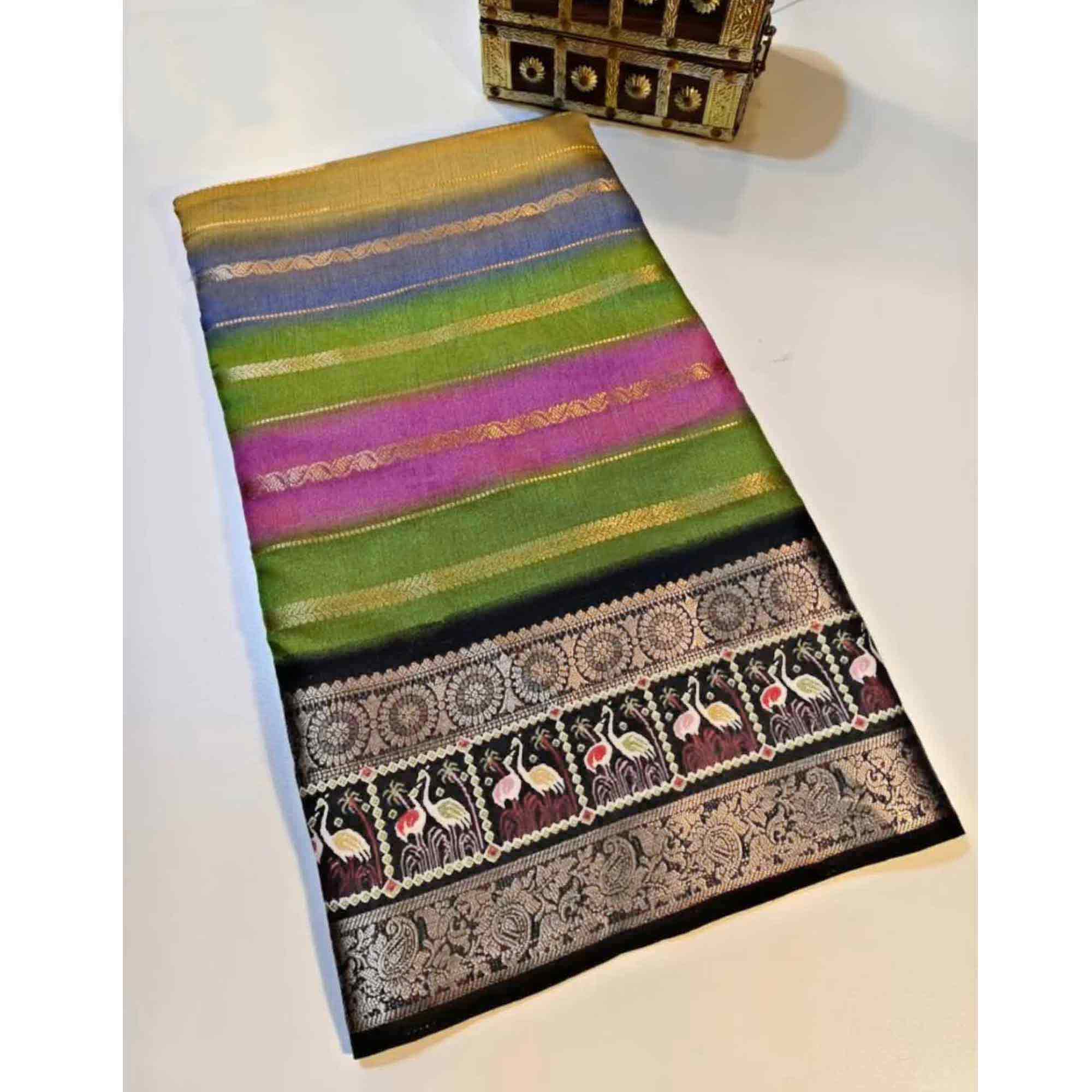 Luxury Multicolor Silk Jacquard Saree Adorned With Striped Zari Weaving and Printed Pallu