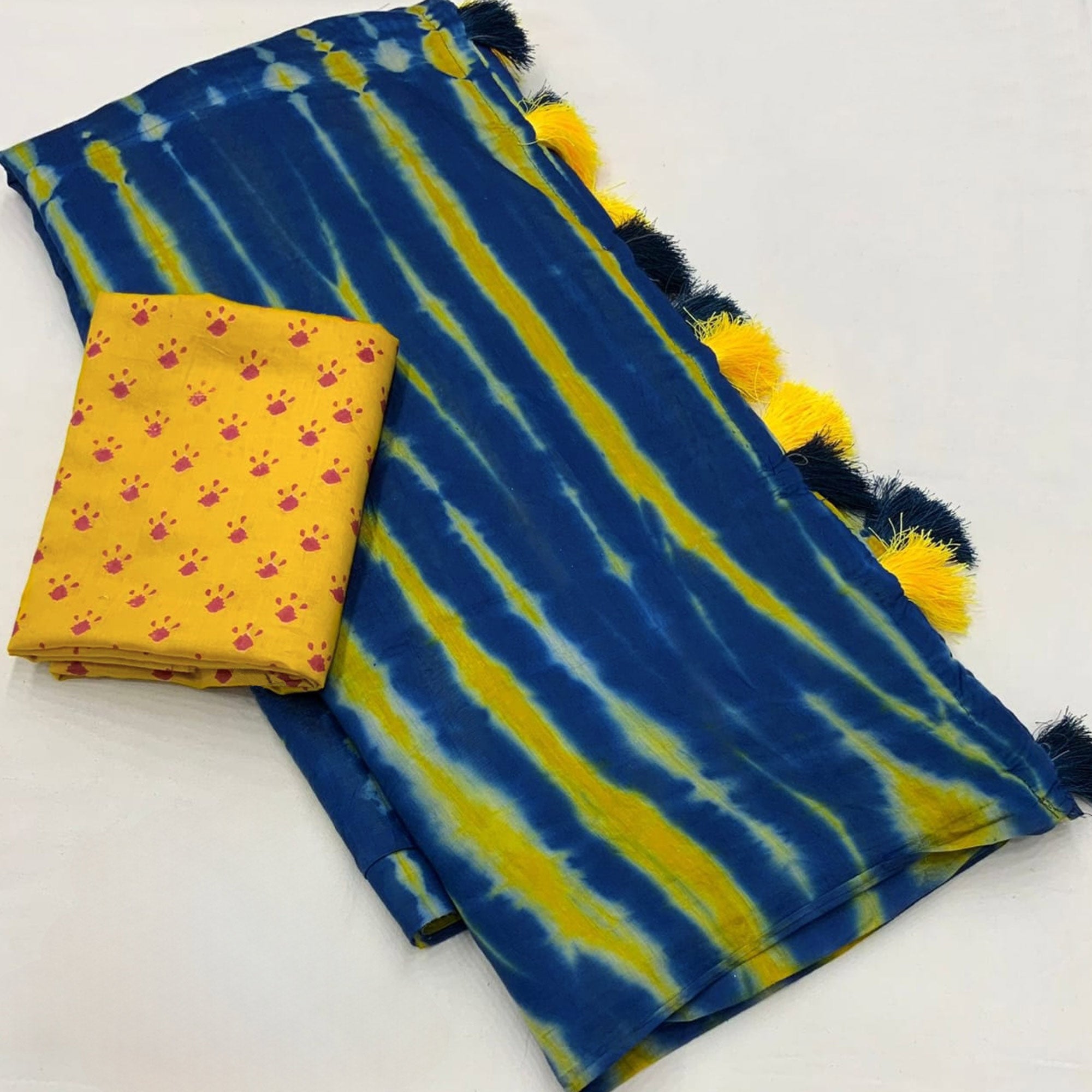 Blue & Yellow Shibori Printed Chanderi Saree