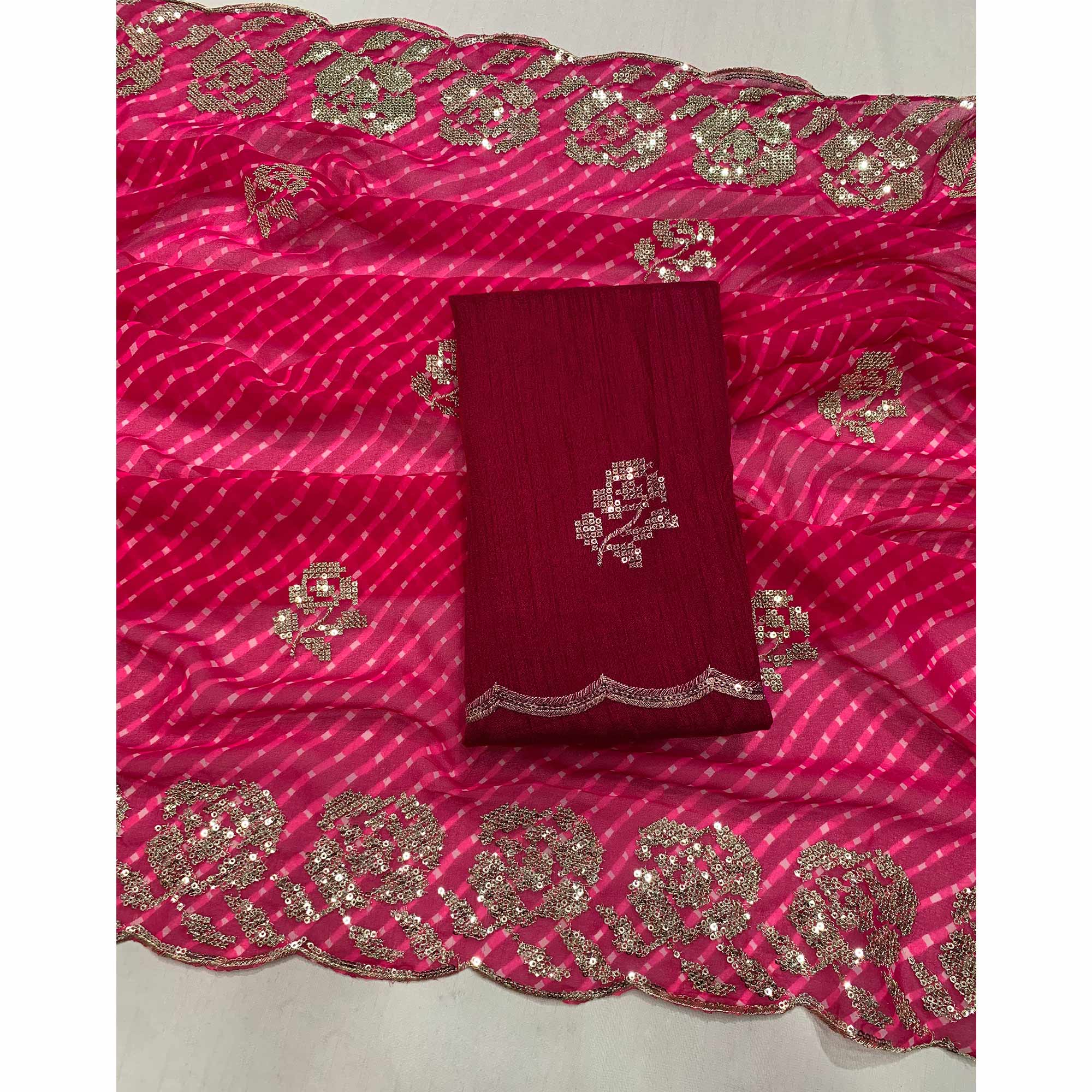 Pink Sequins Work Leheriya Printed Georgette Saree