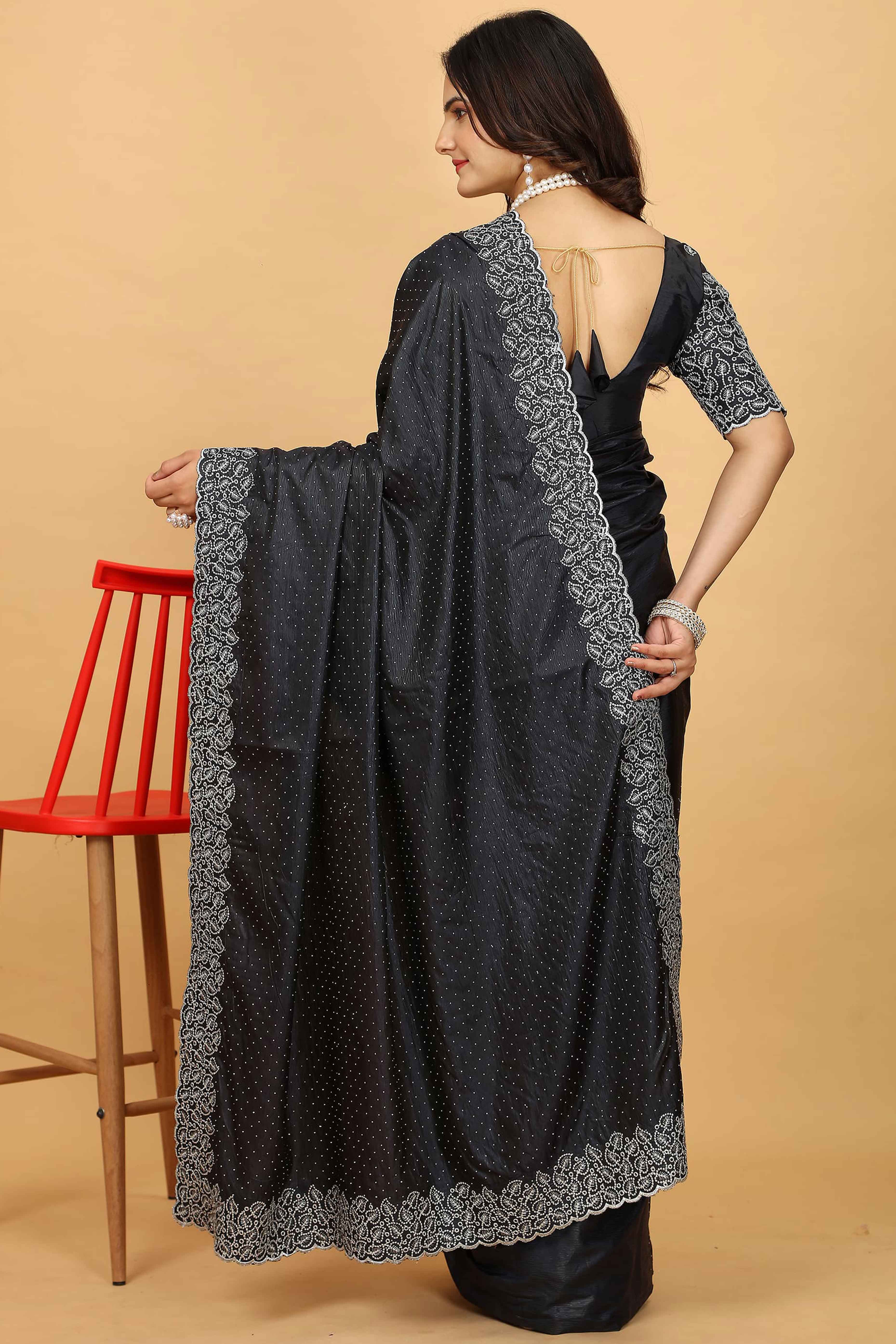 Black Swarovski Work Paper Silk Saree With Embroidery Zari Border