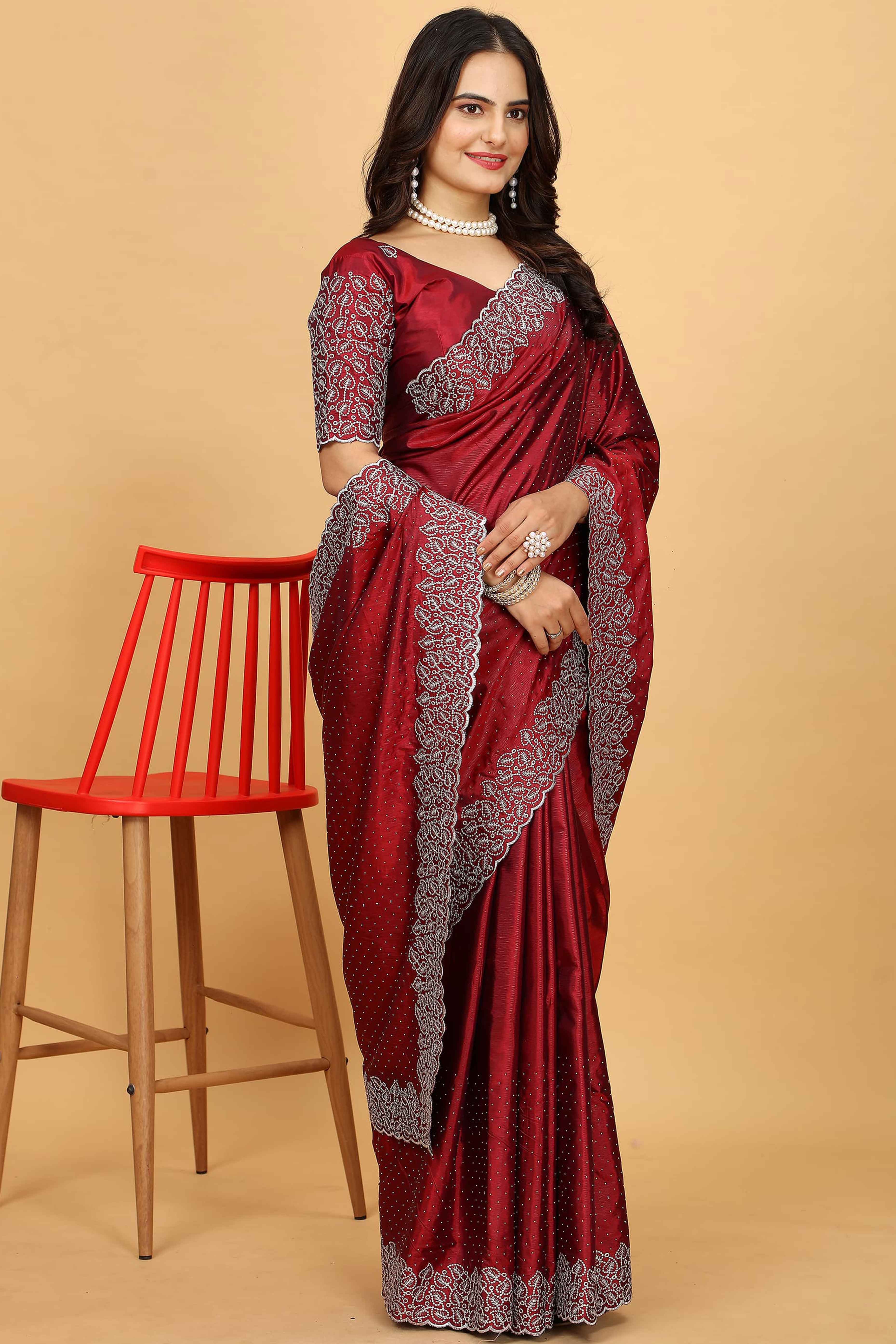 Maroon Swarovski Work Paper Silk Saree With Embroidery Zari Border