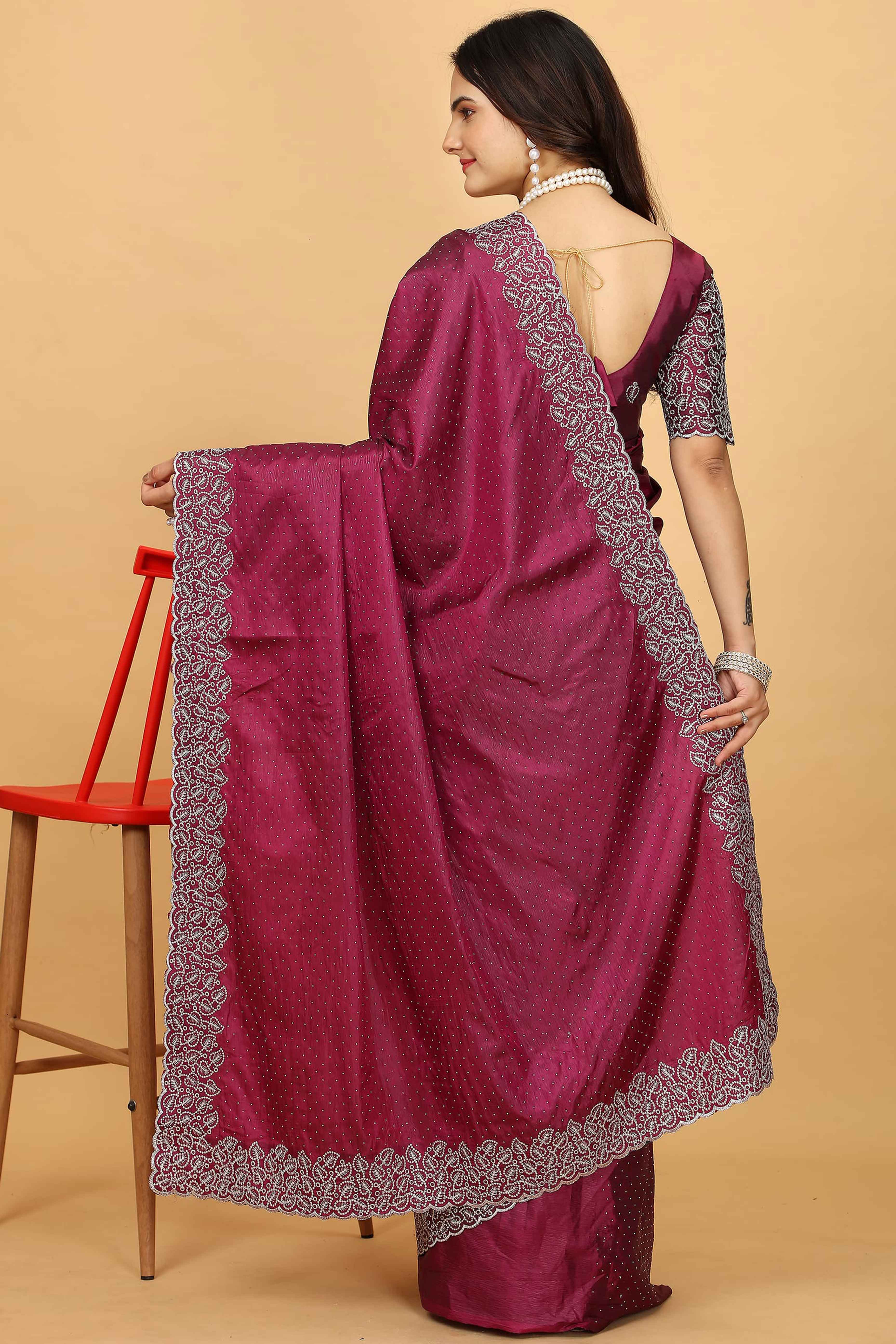 Purple Swarovski Work Paper Silk Saree With Embroidery Zari Border