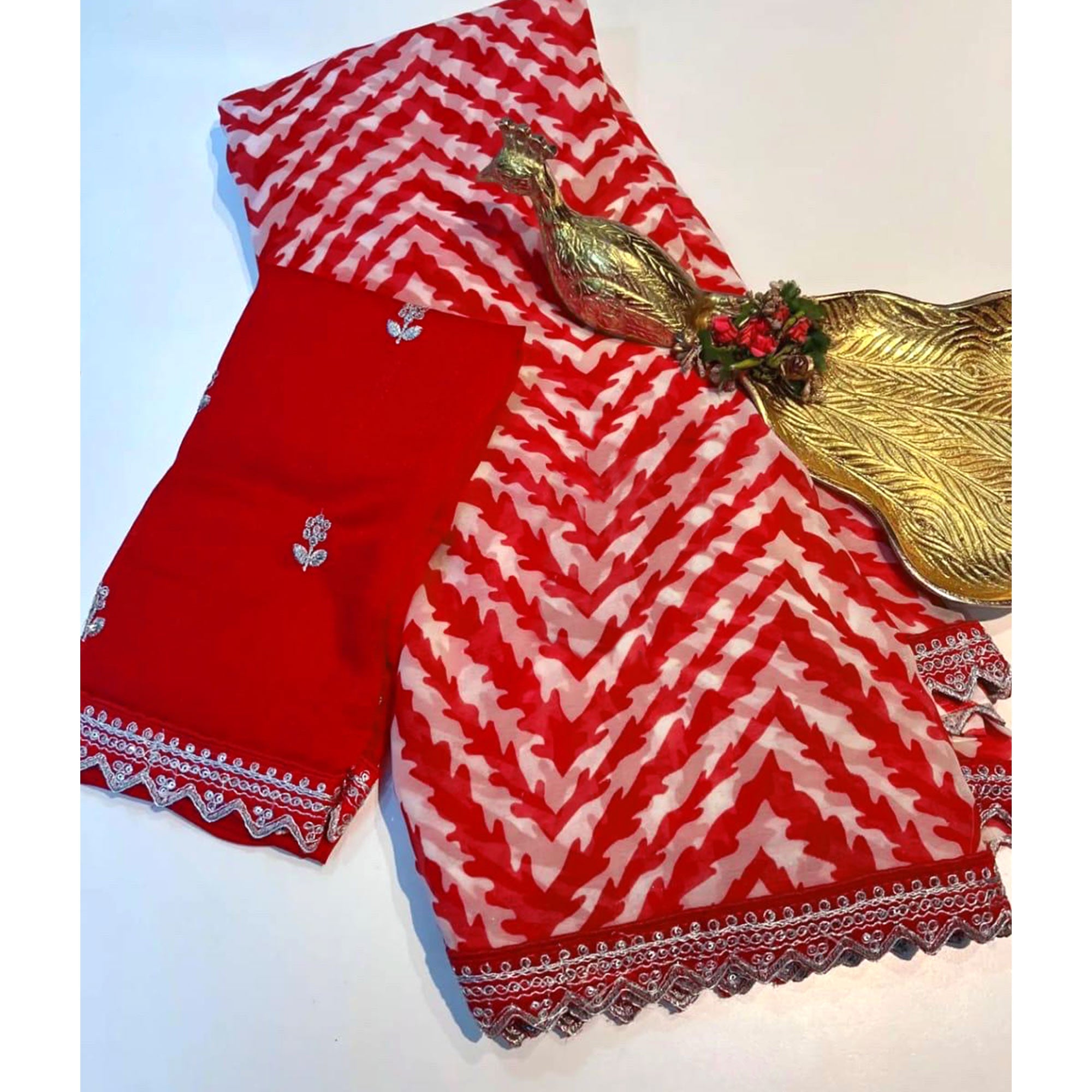 Red Zig Zag Printed Georgette Saree With Sequins Embroidered Border