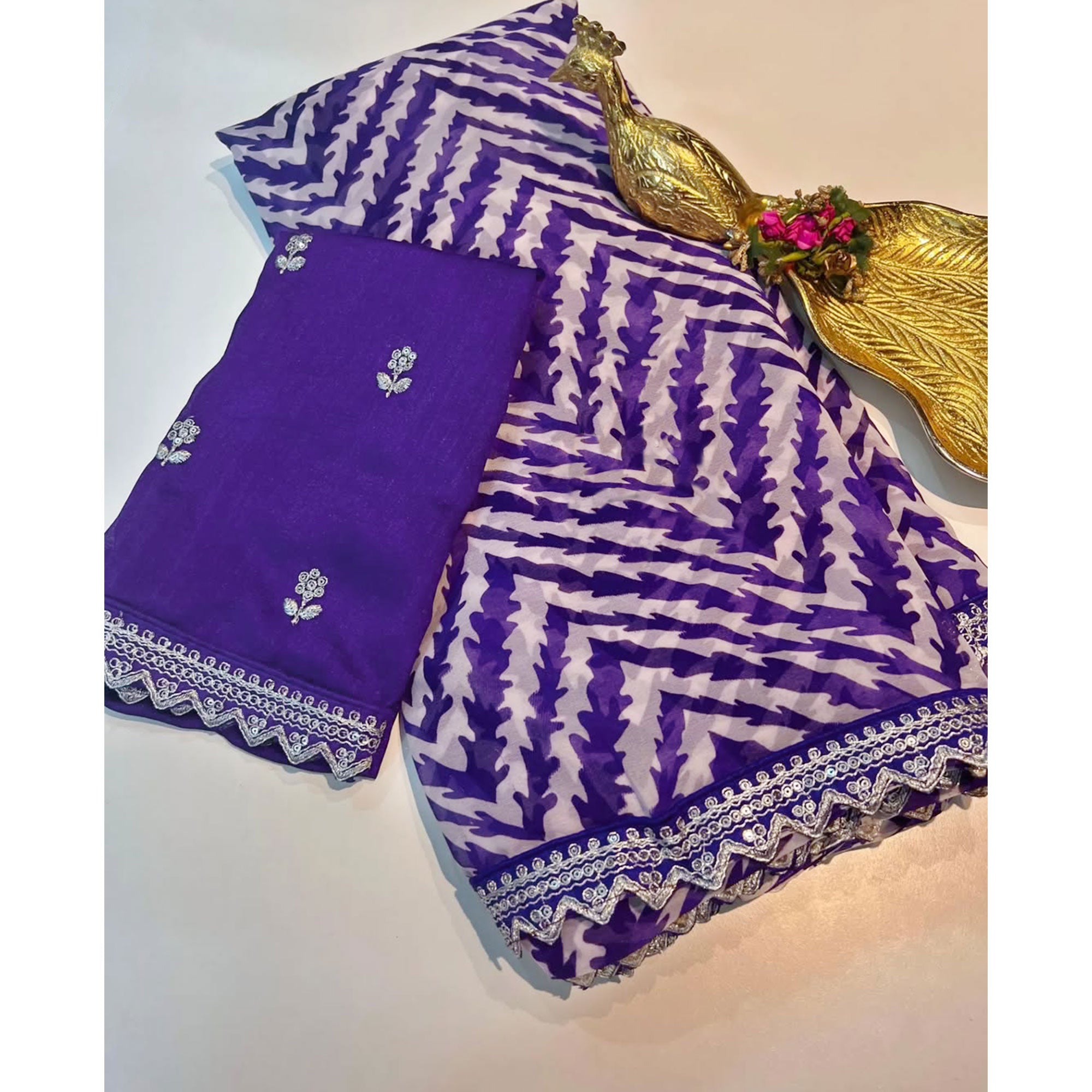 Violet Zig Zag Printed Georgette Saree With Sequins Embroidered Border