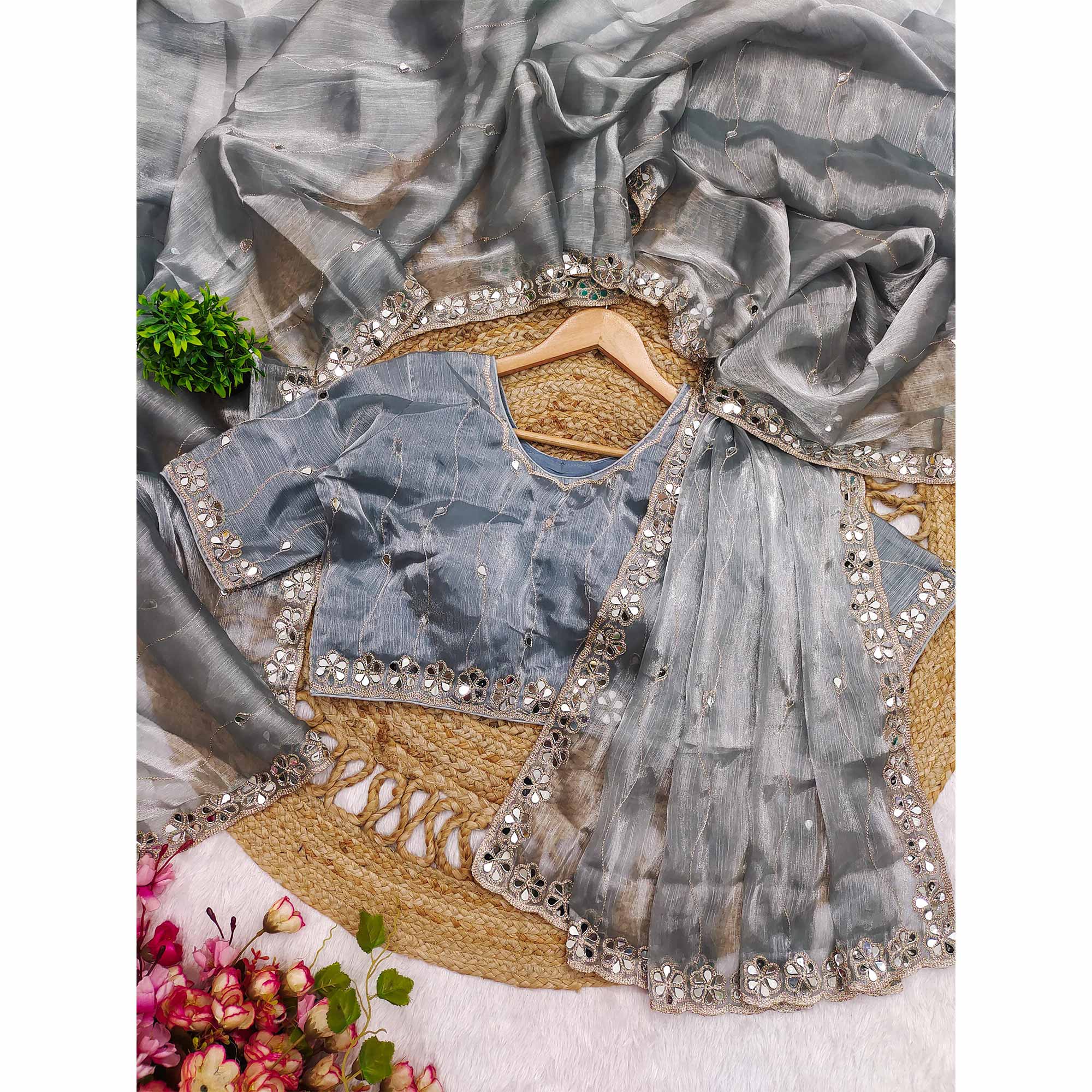 Grey Art Silk Saree Highlighted with Embroidery & Mirror Detailing