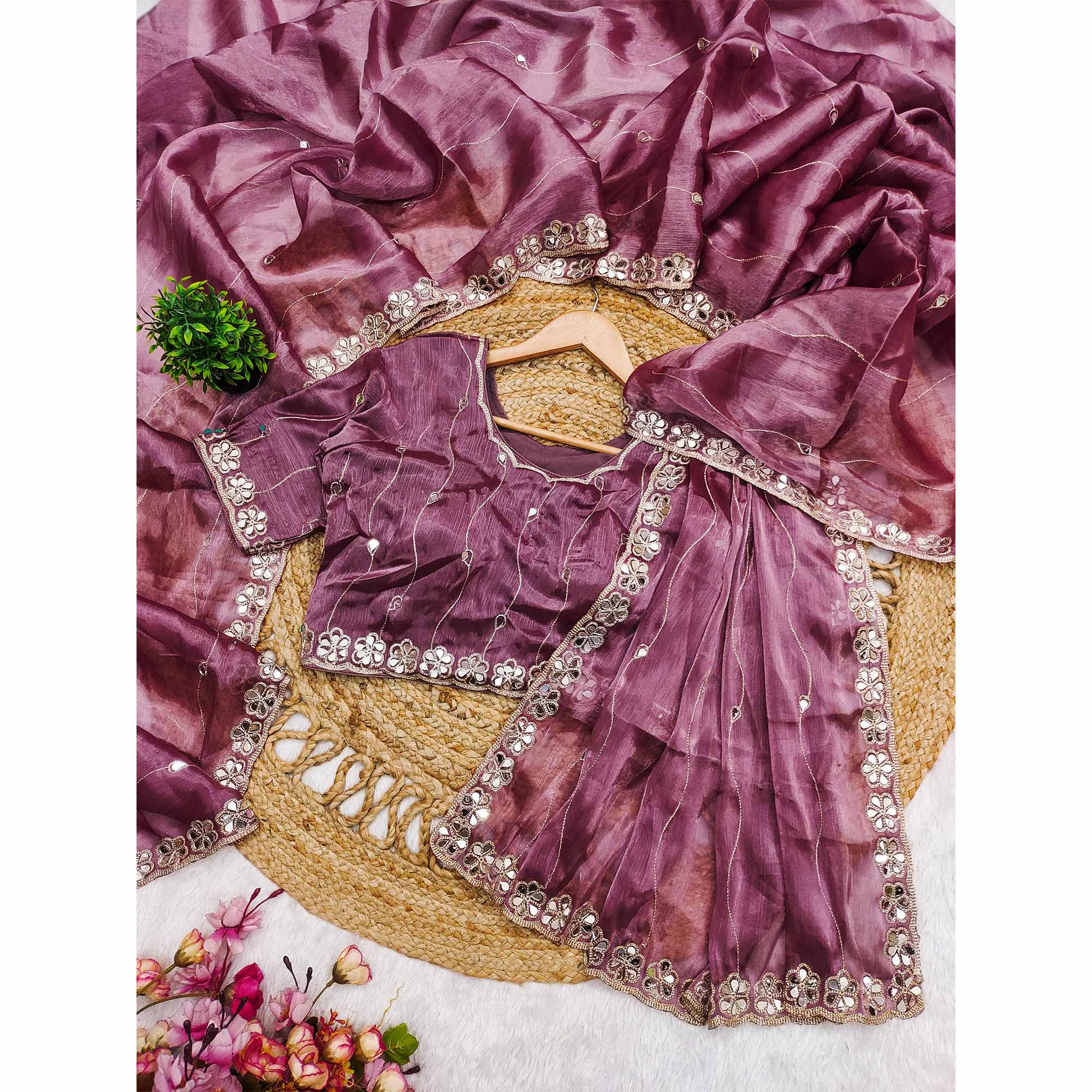 Mauve Art Silk Saree Highlighted with Embroidery & Mirror Detailing