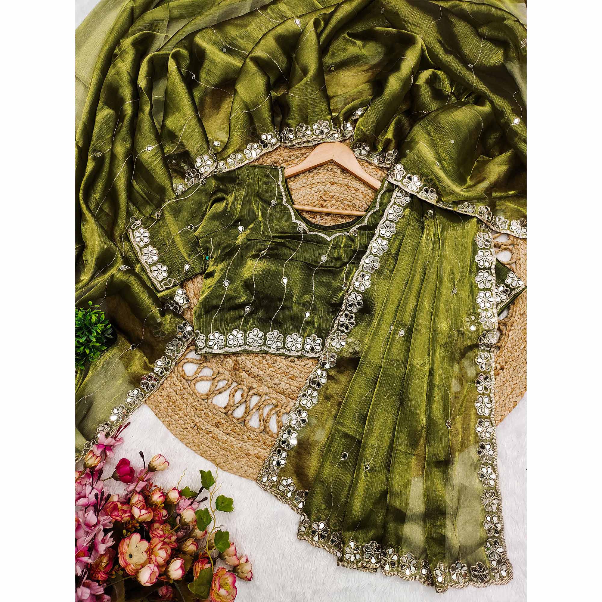 Olive Art Silk Saree Highlighted with Embroidery & Mirror Detailing