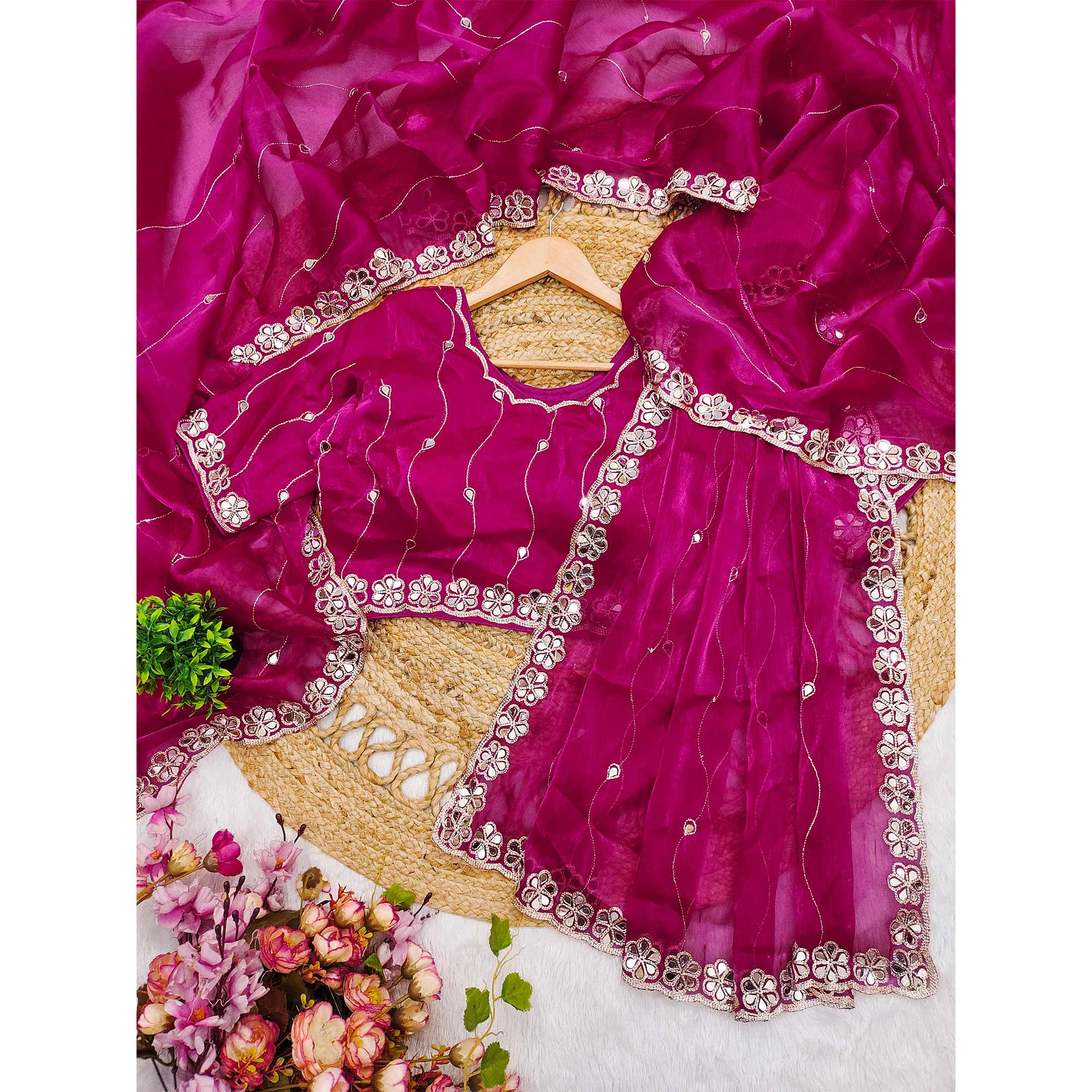 Pink Art Silk Saree Highlighted with Embroidery & Mirror Detailing