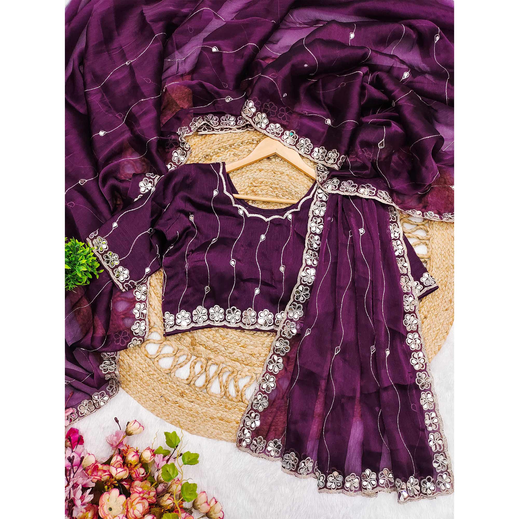 Purple Art Silk Saree Highlighted with Embroidery & Mirror Detailing