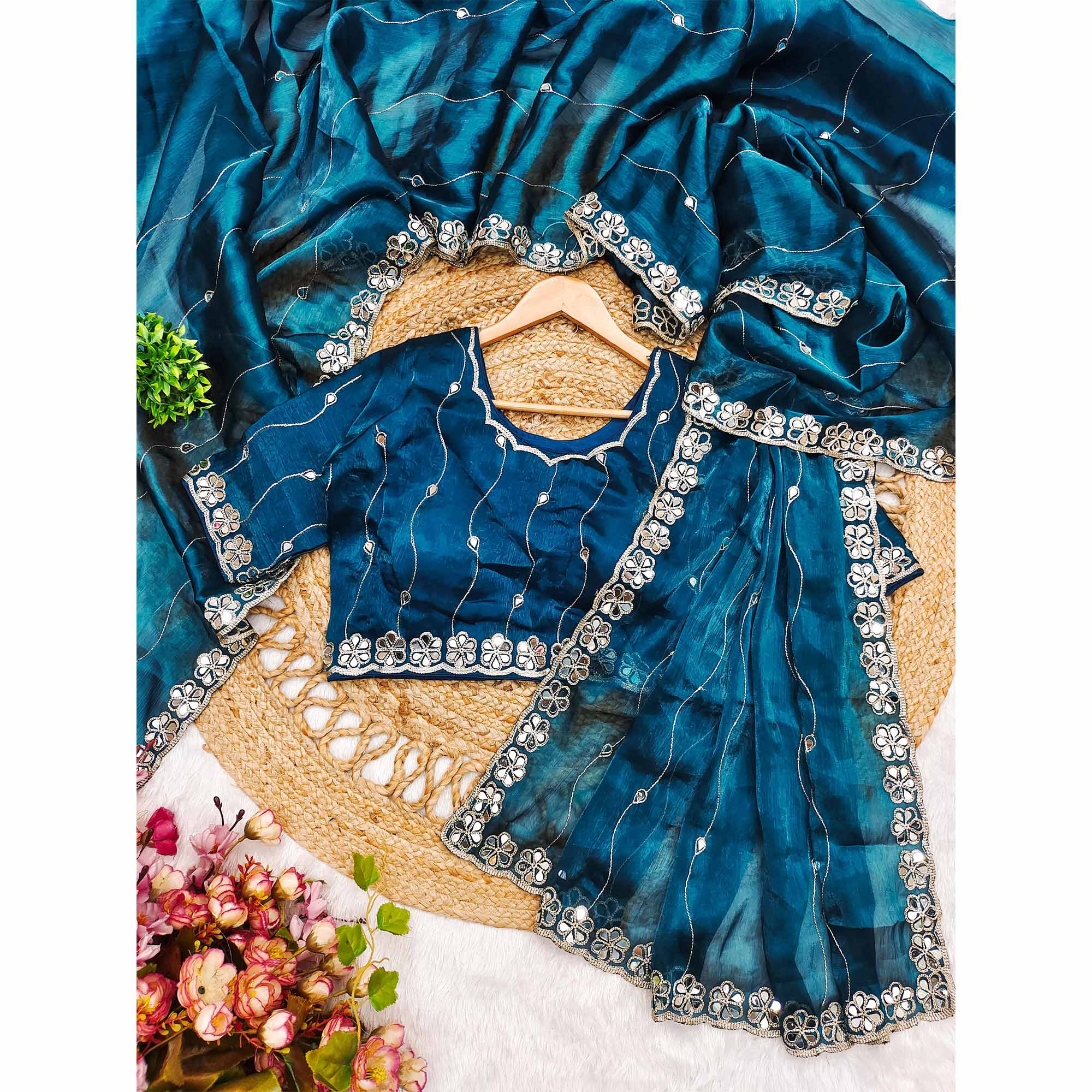 Teal Art Silk Saree Highlighted with Embroidery & Mirror Detailing