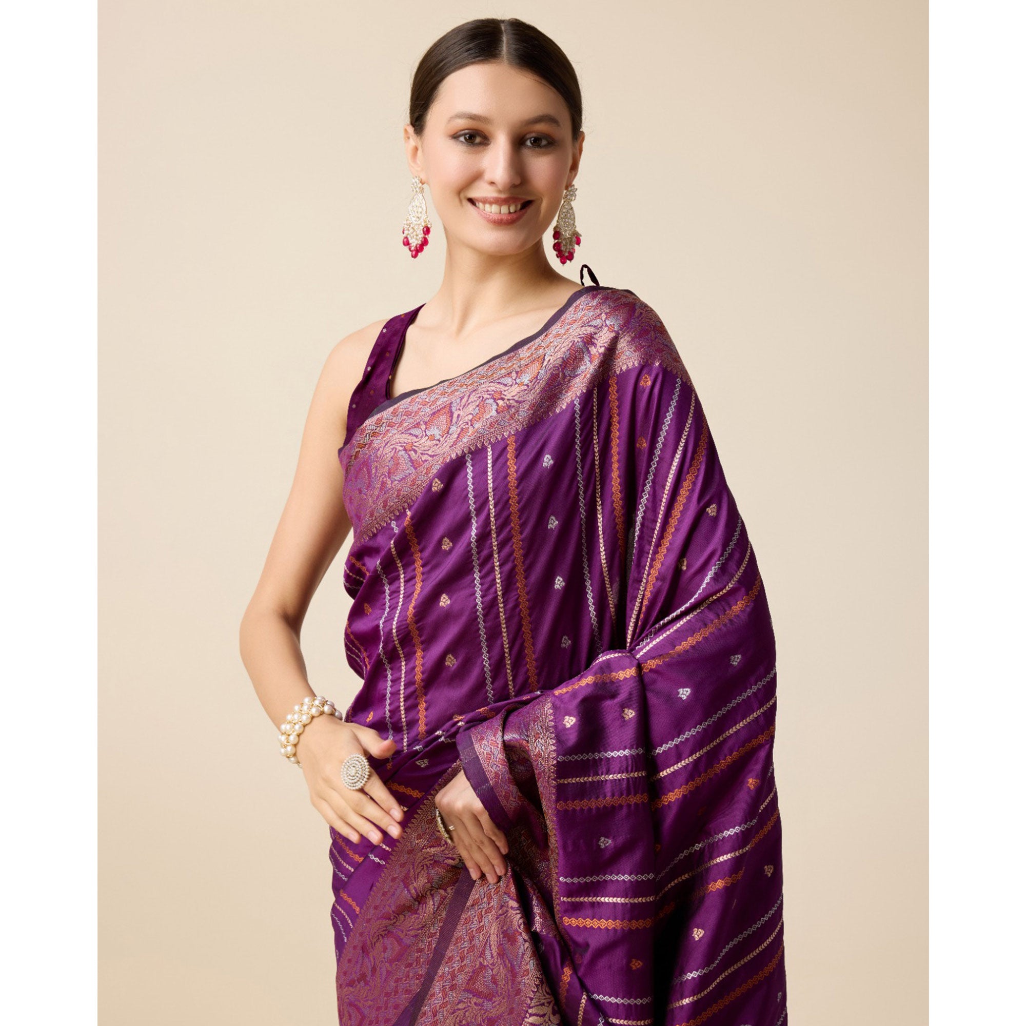 Purple Floral Woven Pure Silk Saree