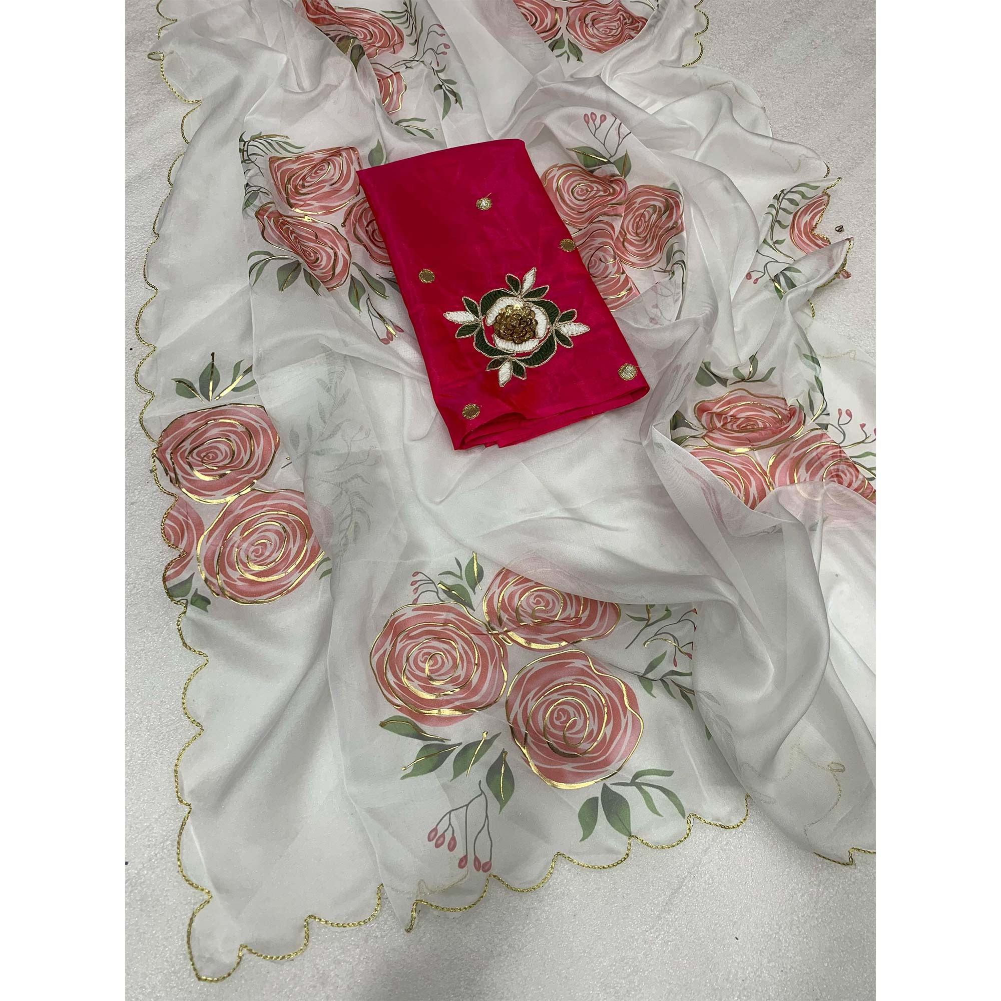 White Floral Foil Printed Organza Saree