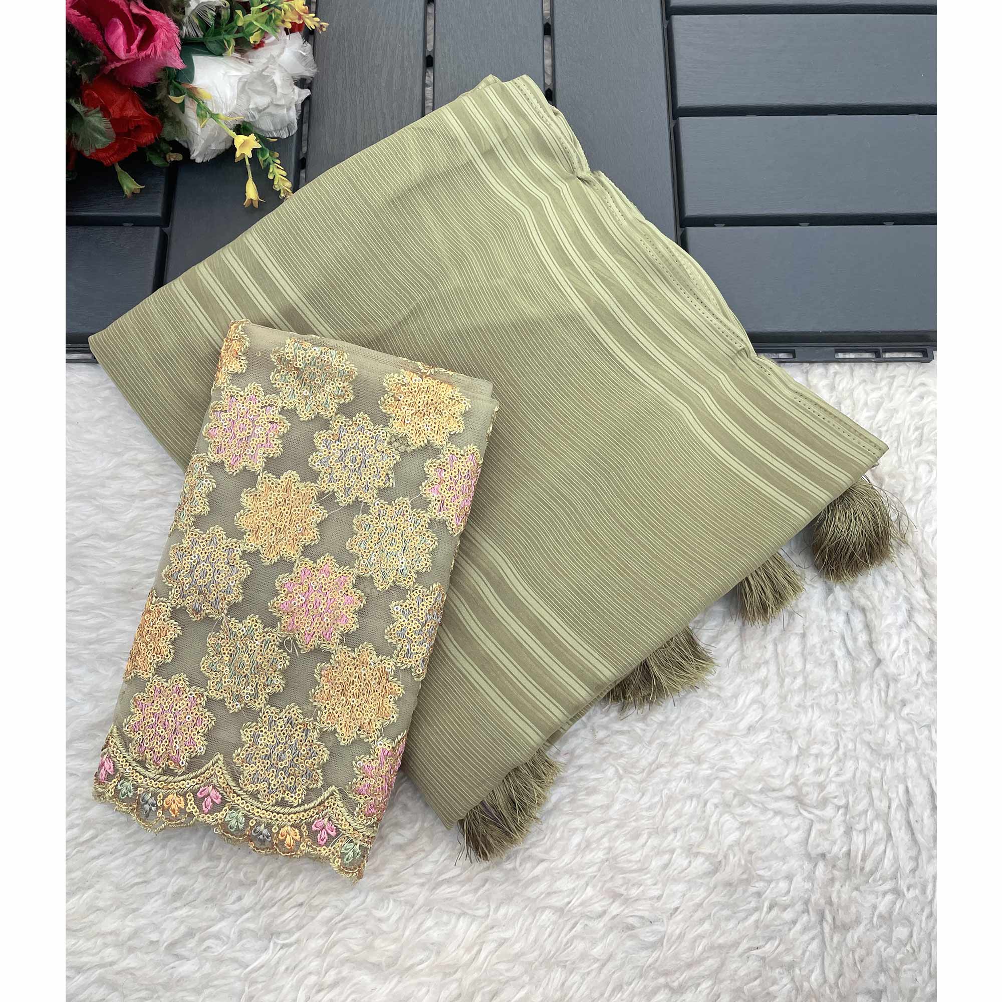 Green Zari Striped Woven Georgette Saree