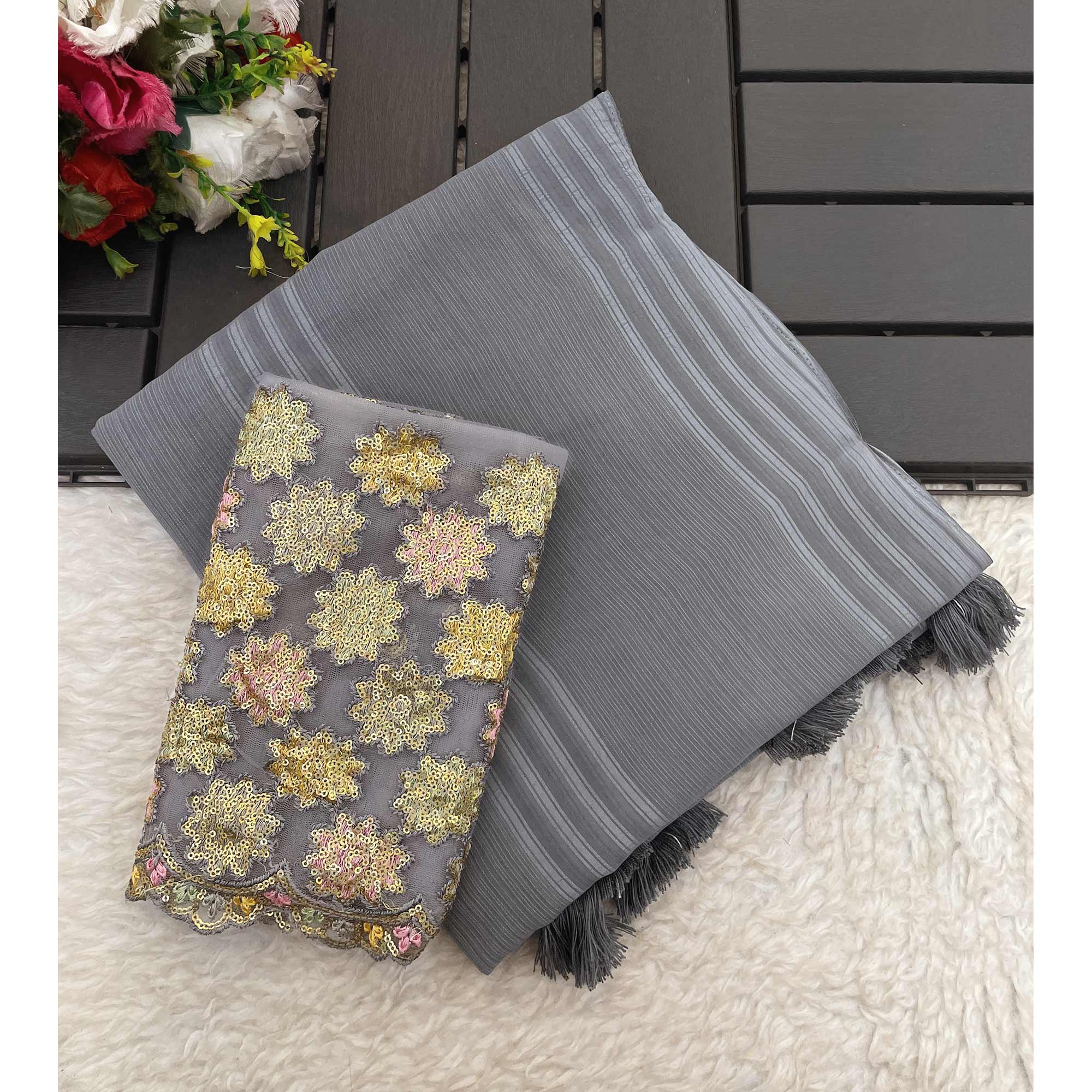Grey Zari Striped Woven Georgette Saree