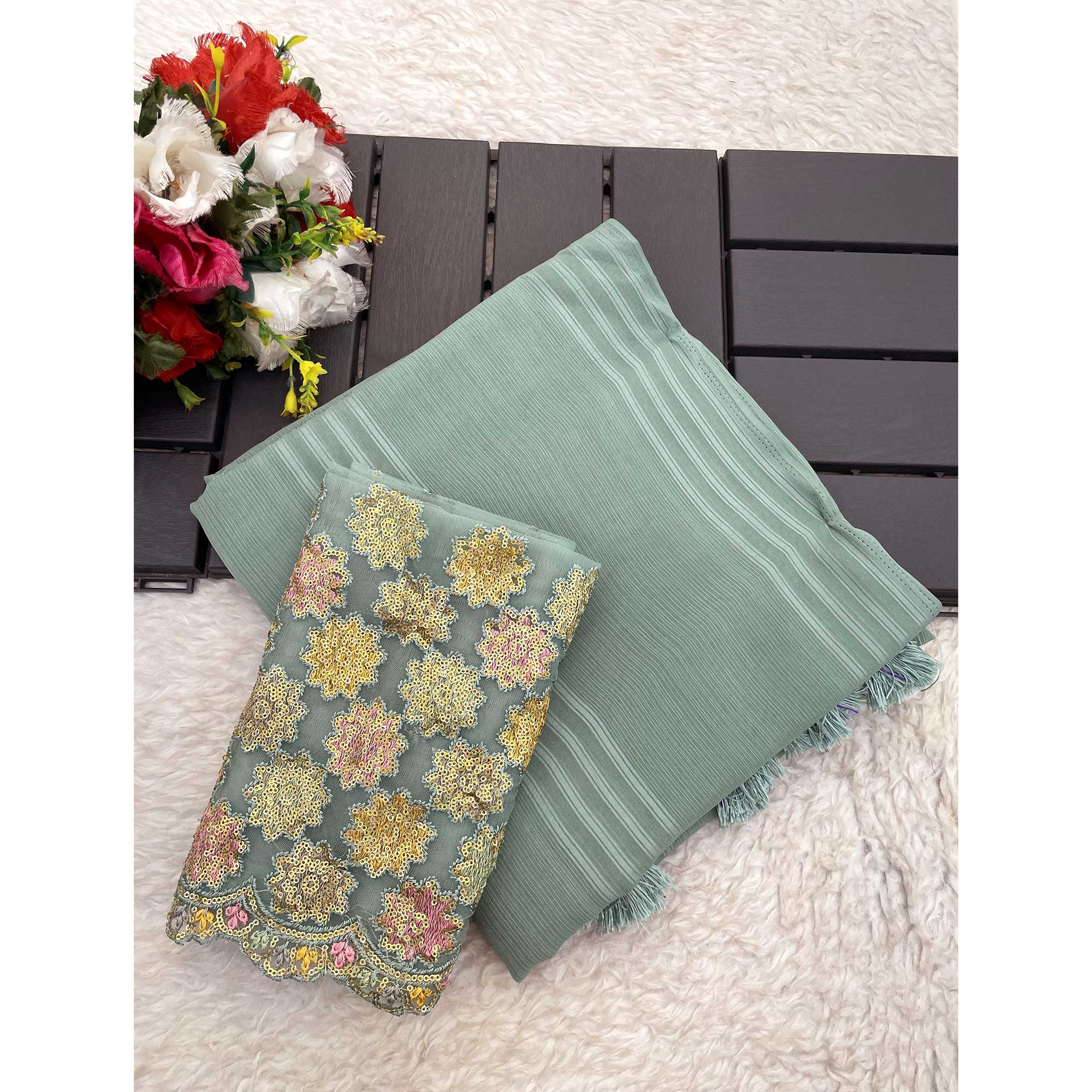 Sea Green Zari Striped Woven Georgette Saree