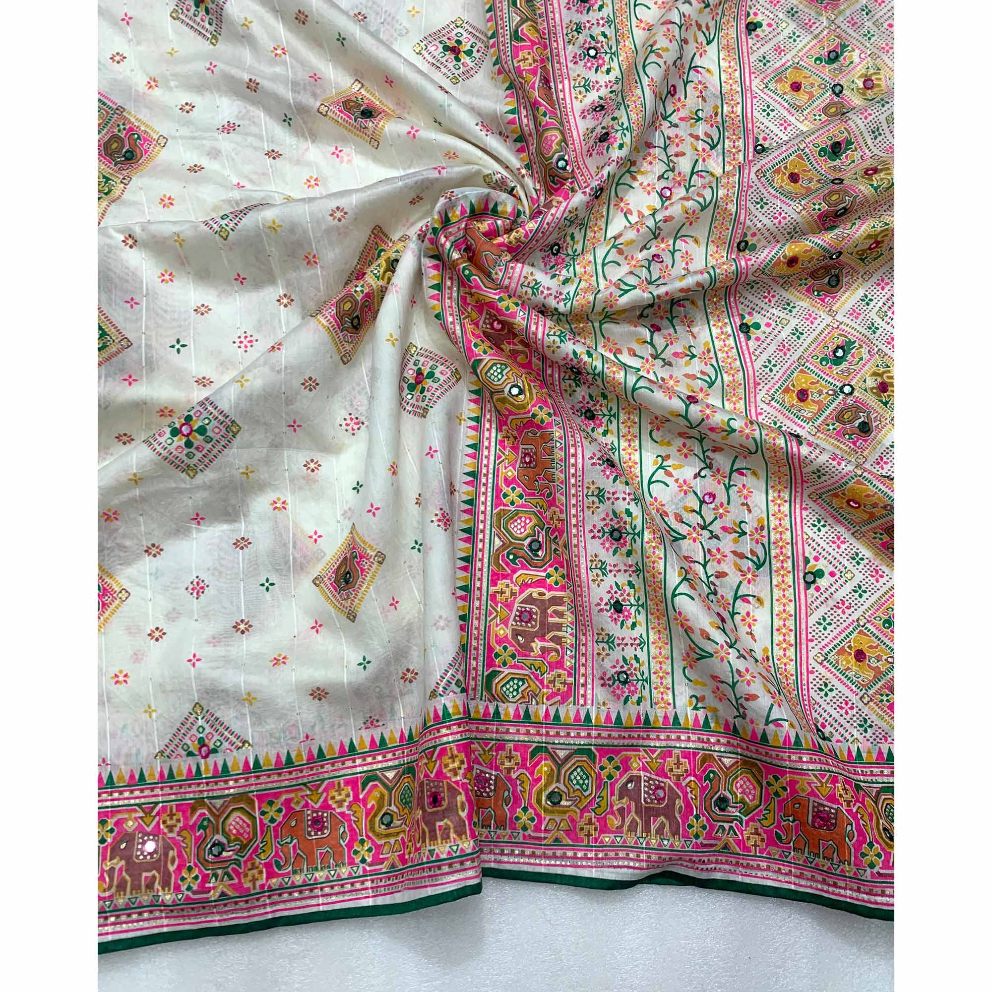 White Floral Printed Cotton Silk Patola Saree