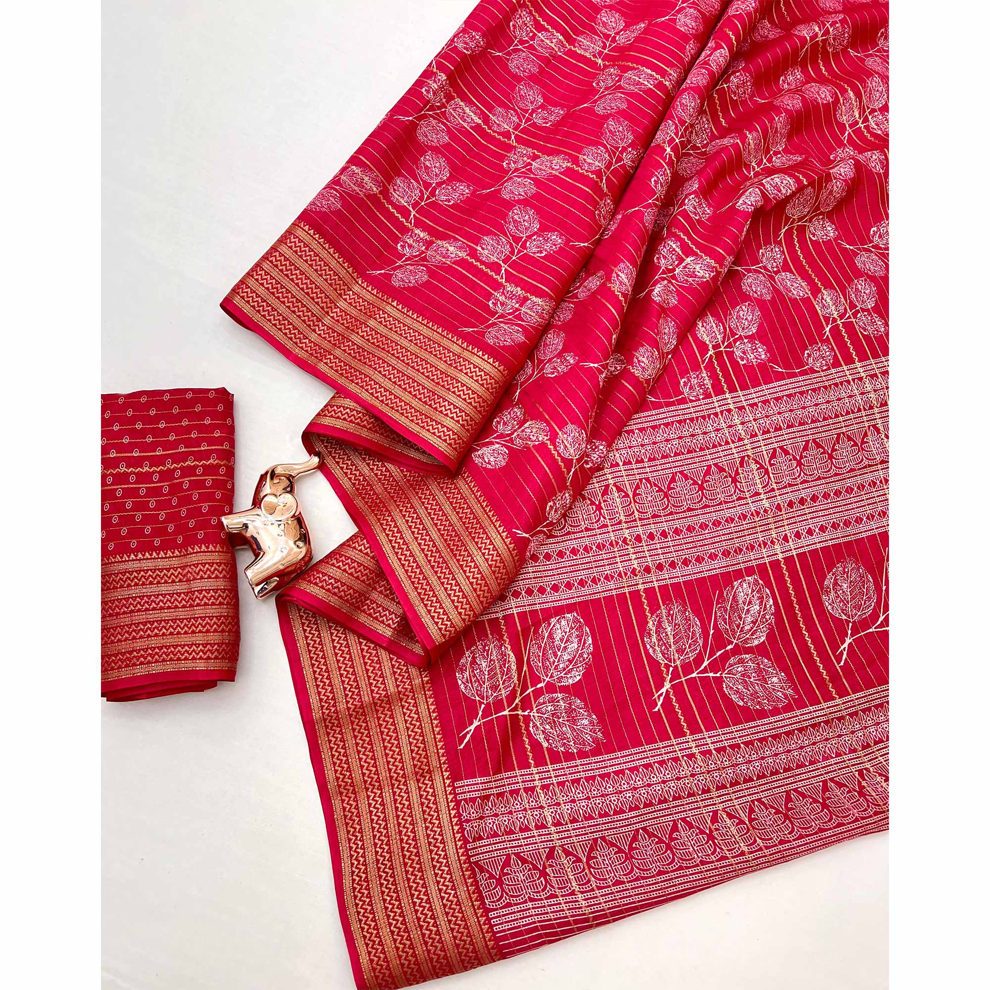 Elegant Cherry Red Floral & Striped Pattern Zari Weaving Dola Silk Saree