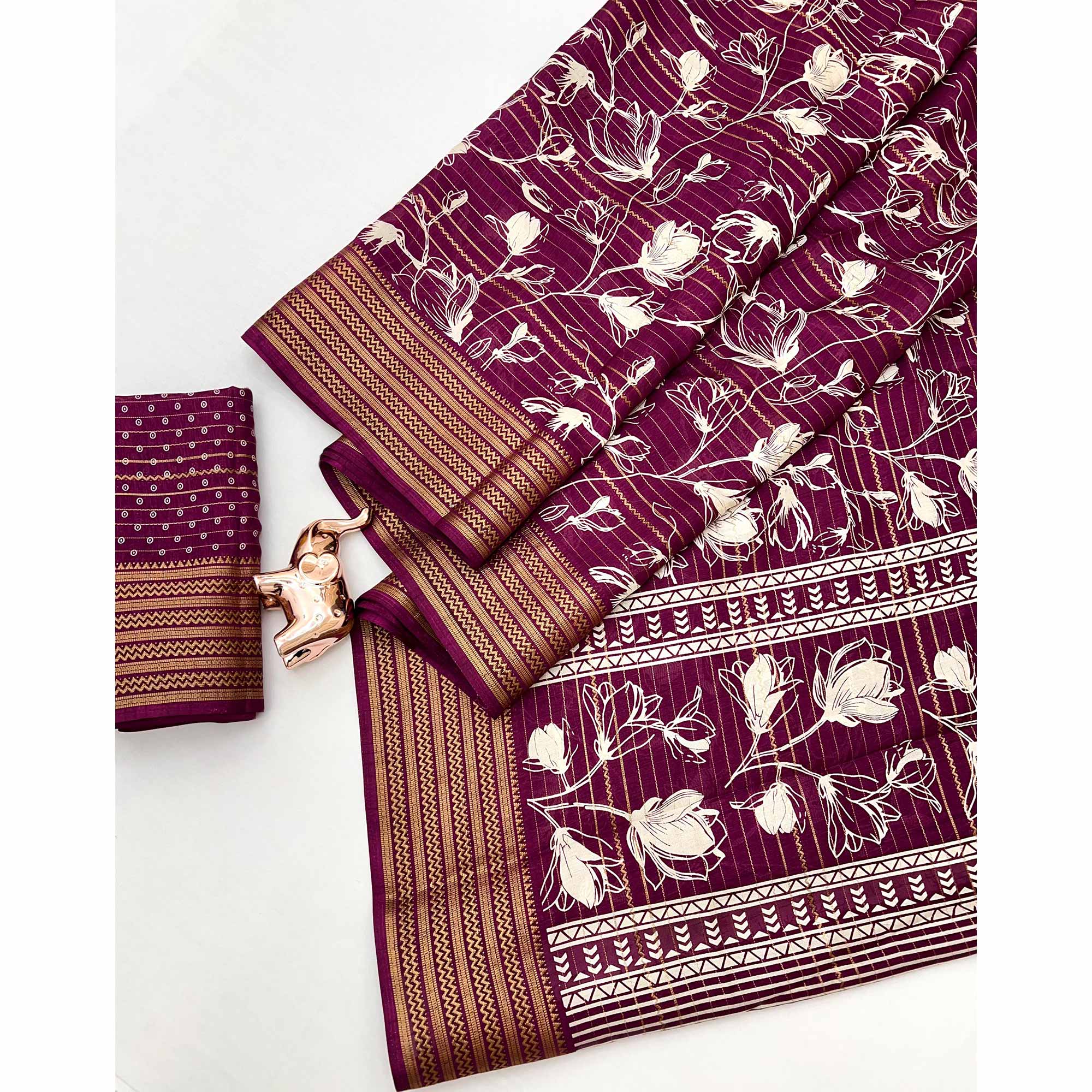 Elegant Wine Floral & Striped Pattern Zari Weaving Dola Silk Saree