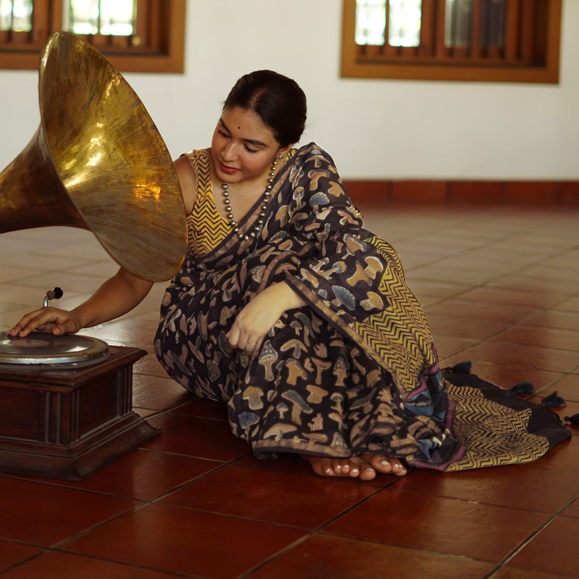 Dark Brown Kalamari Printed Chanderi Saree