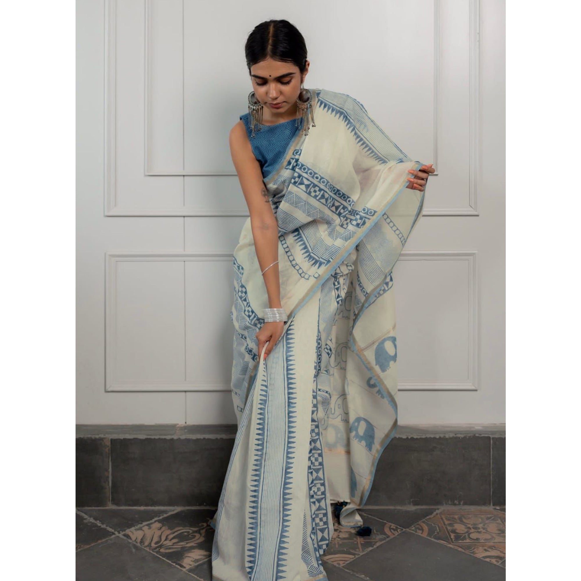 Off White Kalamari Printed Chanderi Saree