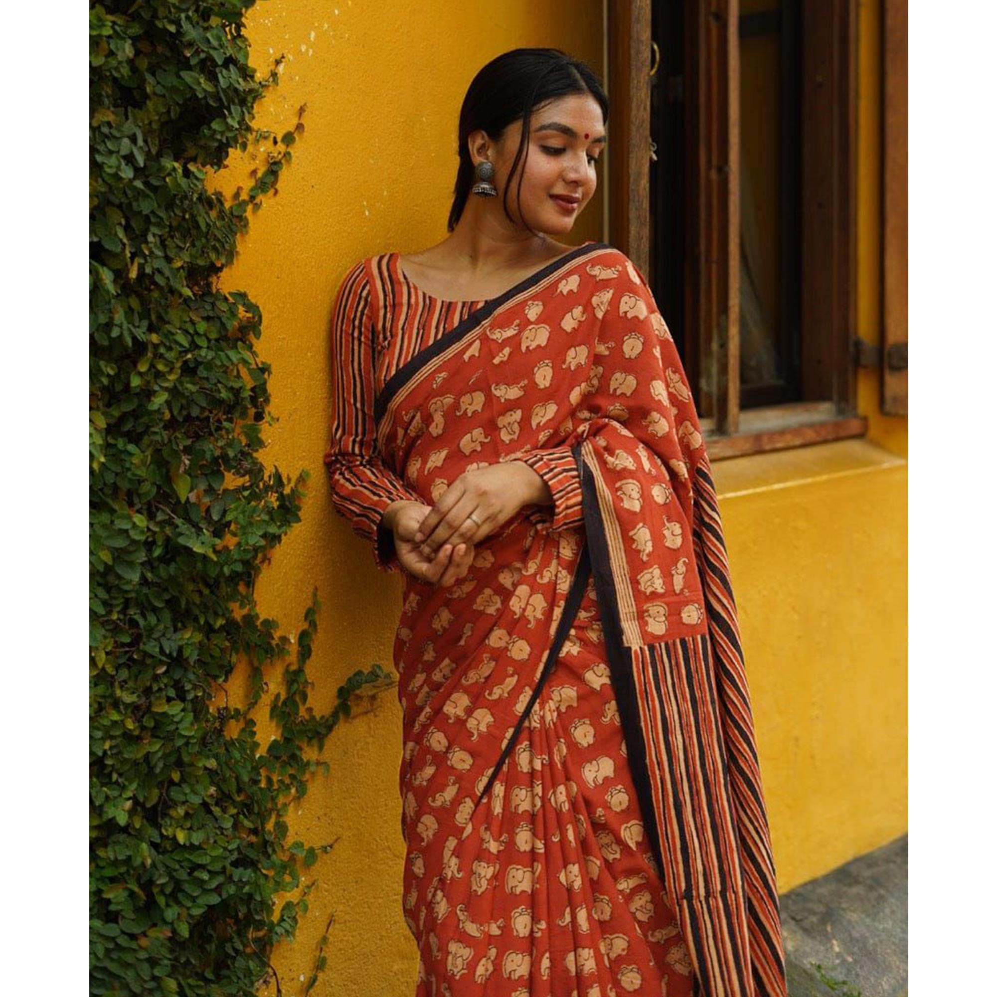 Rust Kalamari Printed Chanderi Saree