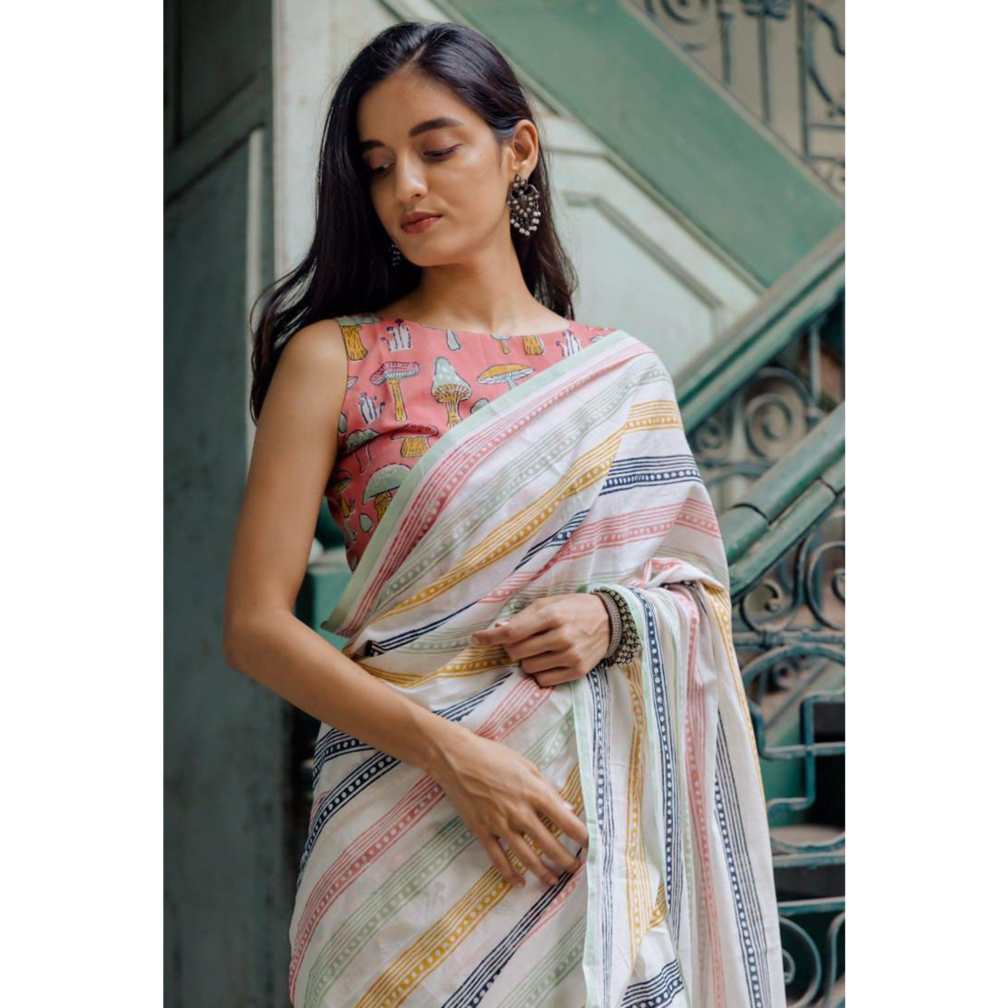 White Kalamari Printed Chanderi Saree