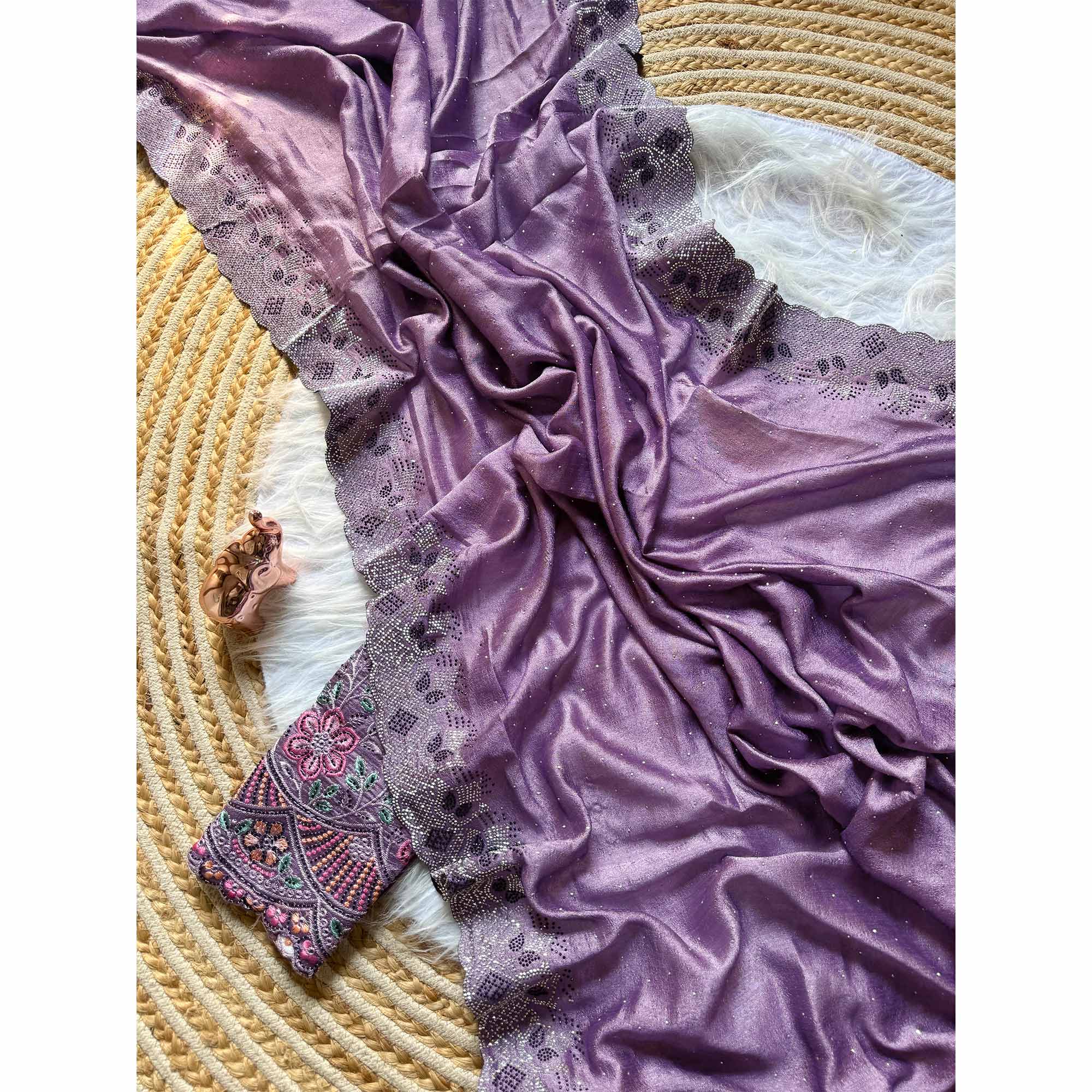 Elegant Lavender Vichitra Silk Saree Adorned with Sparkling Swarovski Work & Jarkan Border