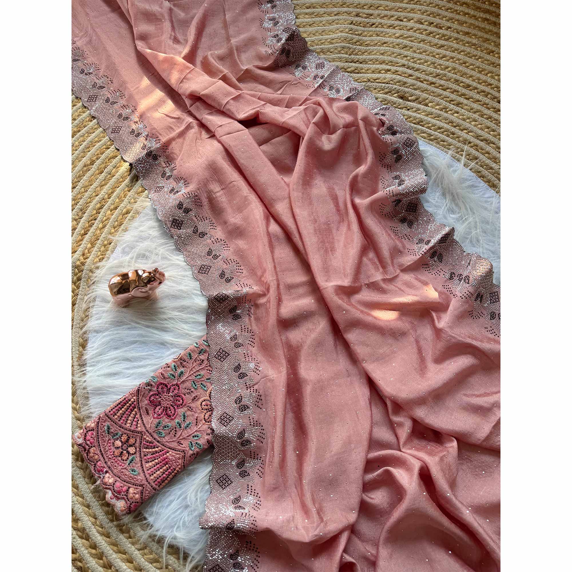 Elegant Peach Vichitra Silk Saree Adorned with Sparkling Swarovski Work & Jarkan Border